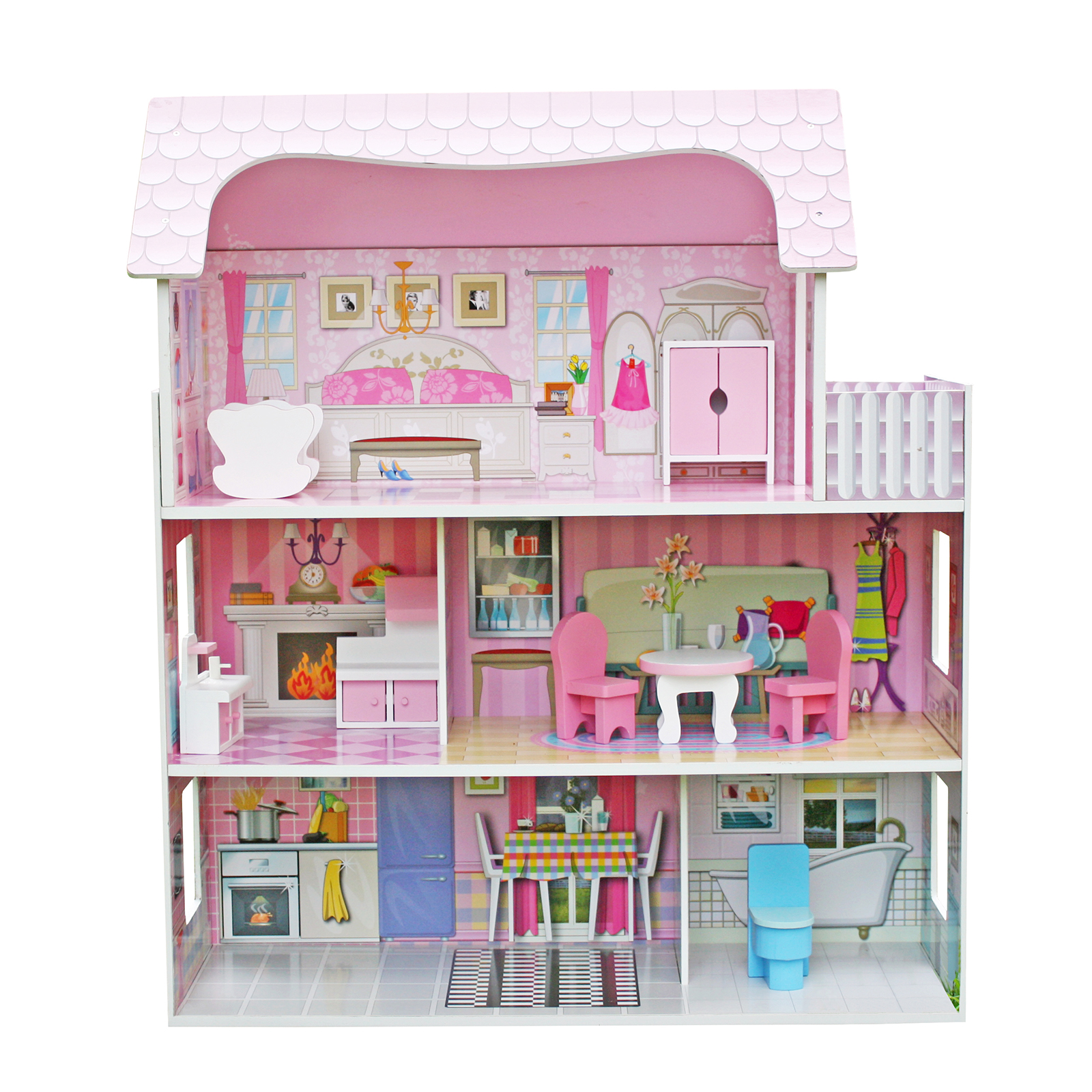 Casa de Bonecas Infantil de Madeira da Alba Outdoor Toys 62x27x70 cm com luzes de LED e 8 móveis