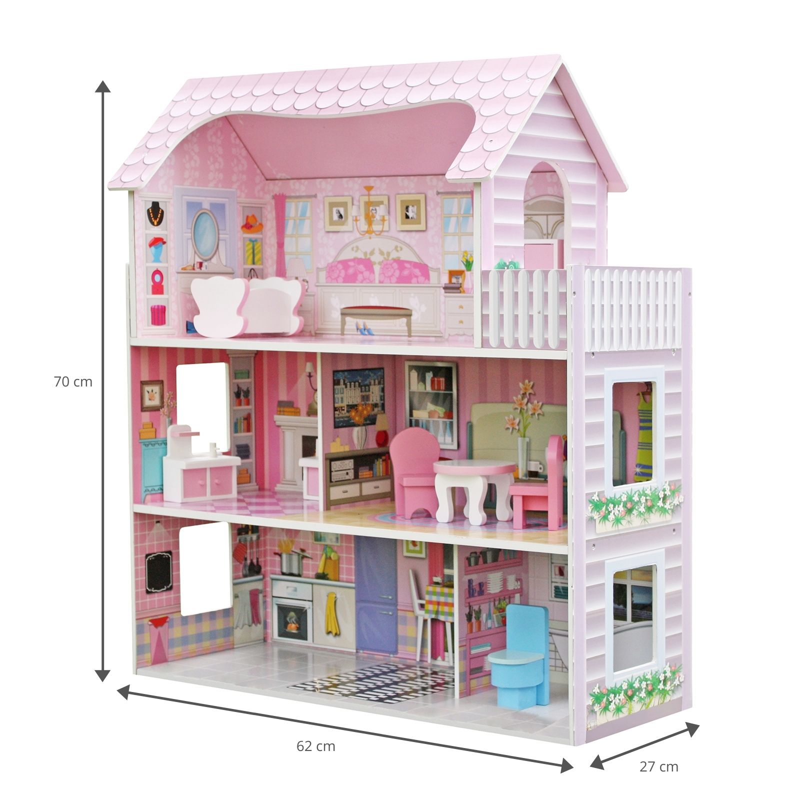 Casa de Bonecas Infantil de Madeira da Alba Outdoor Toys 62x27x70 cm com luzes de LED e 8 móveis - Image 2
