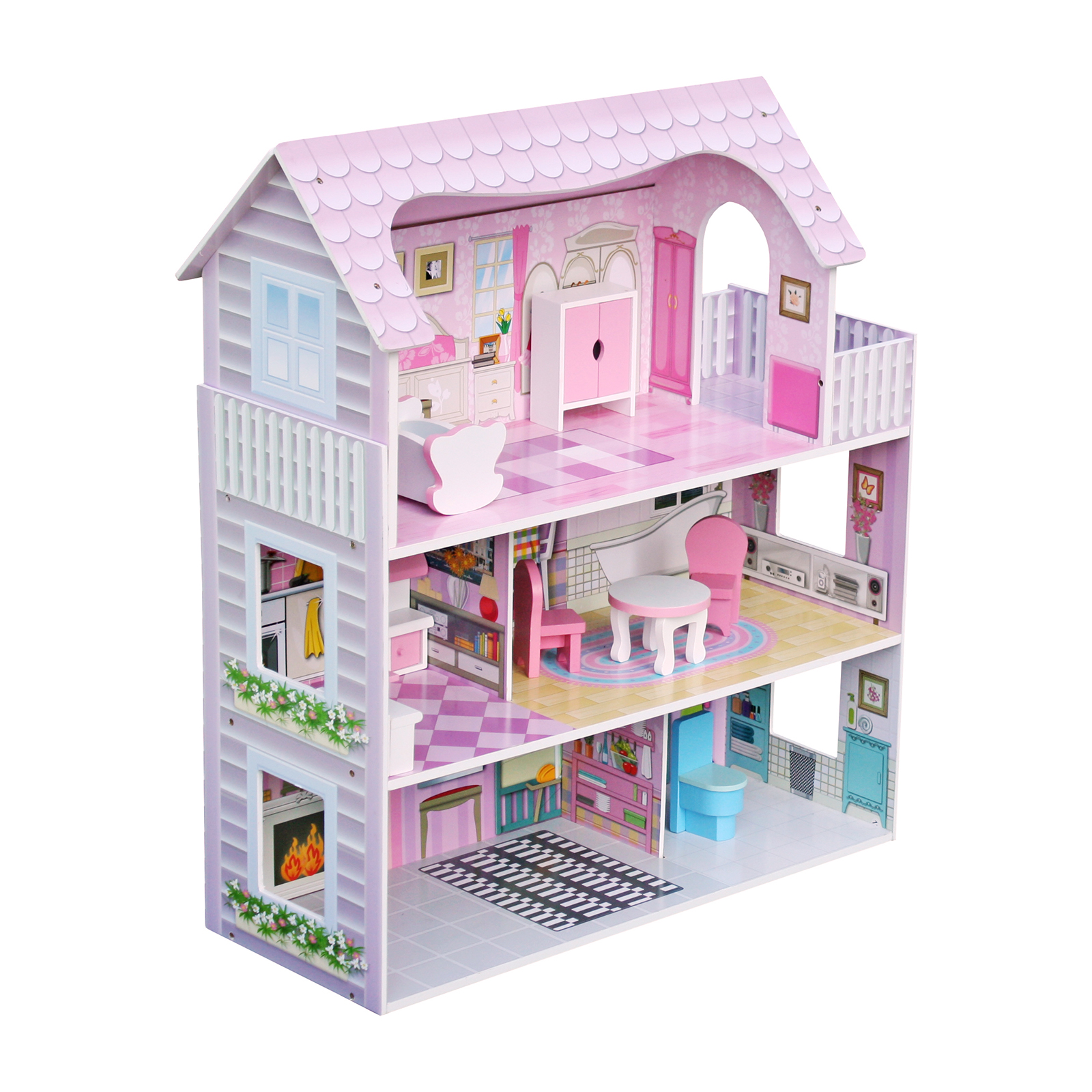 Casa de Bonecas Infantil de Madeira da Alba Outdoor Toys 62x27x70 cm com luzes de LED e 8 móveis - Image 3