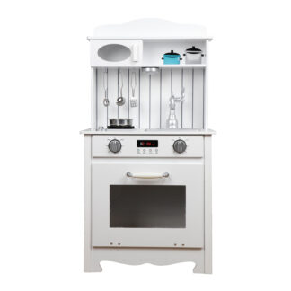Eva Outdoor Toys Cozinha Infantil de Madeira 43x28,5x93 cm Cozinha de brinquedo branca com acessórios, luz e sons de LED