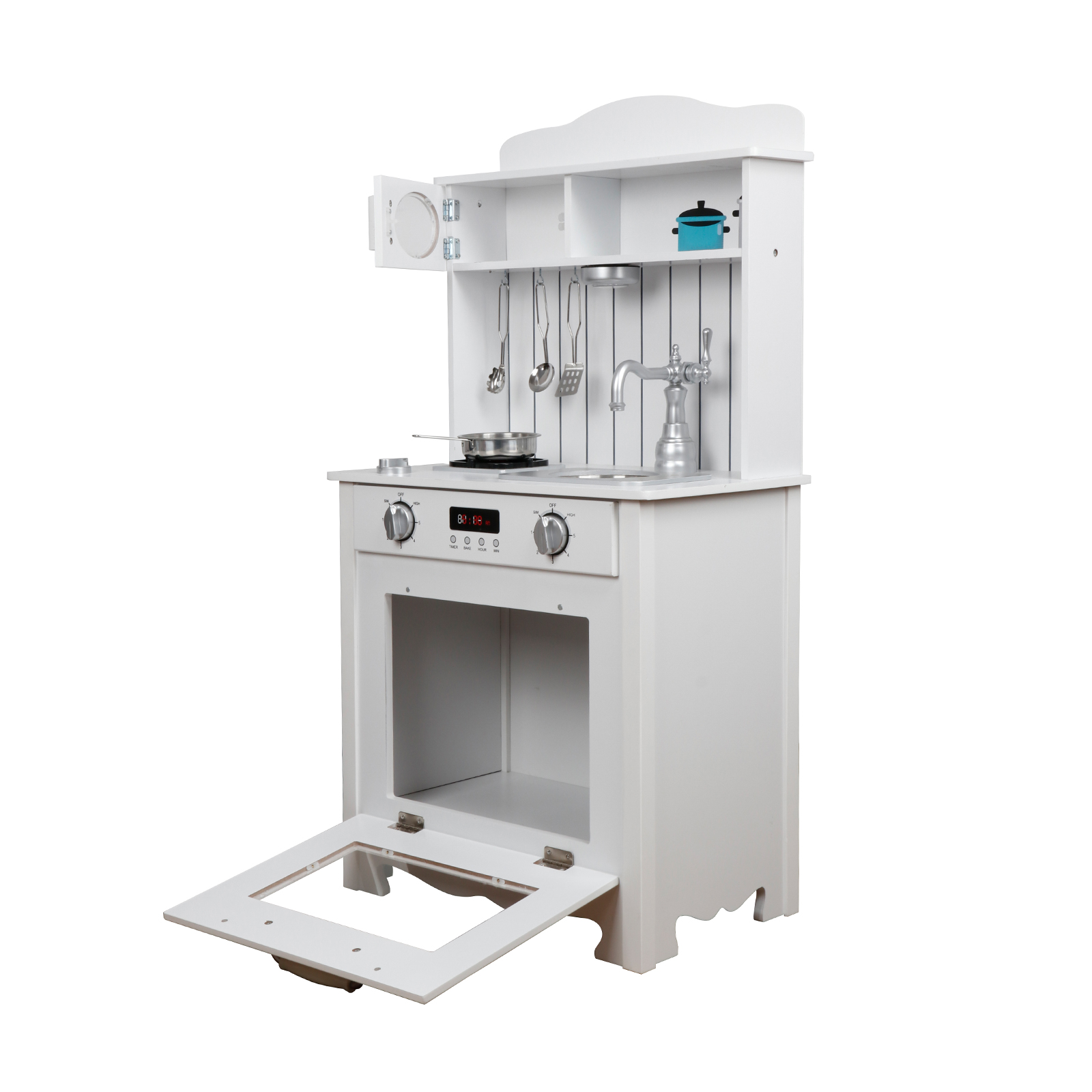 Eva Outdoor Toys Cozinha Infantil de Madeira 43x28,5x93 cm Cozinha de brinquedo branca com acessórios, luz e sons de LED - Image 3