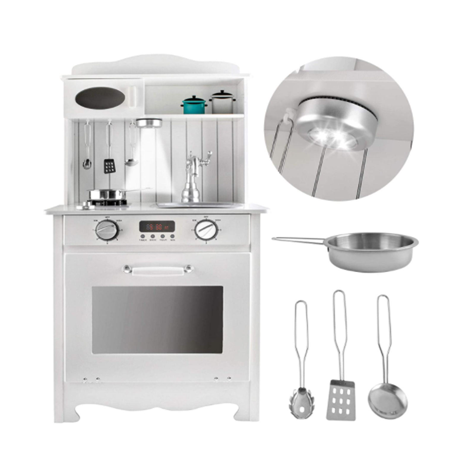 Eva Outdoor Toys Cozinha Infantil de Madeira 43x28,5x93 cm Cozinha de brinquedo branca com acessórios, luz e sons de LED - Image 4