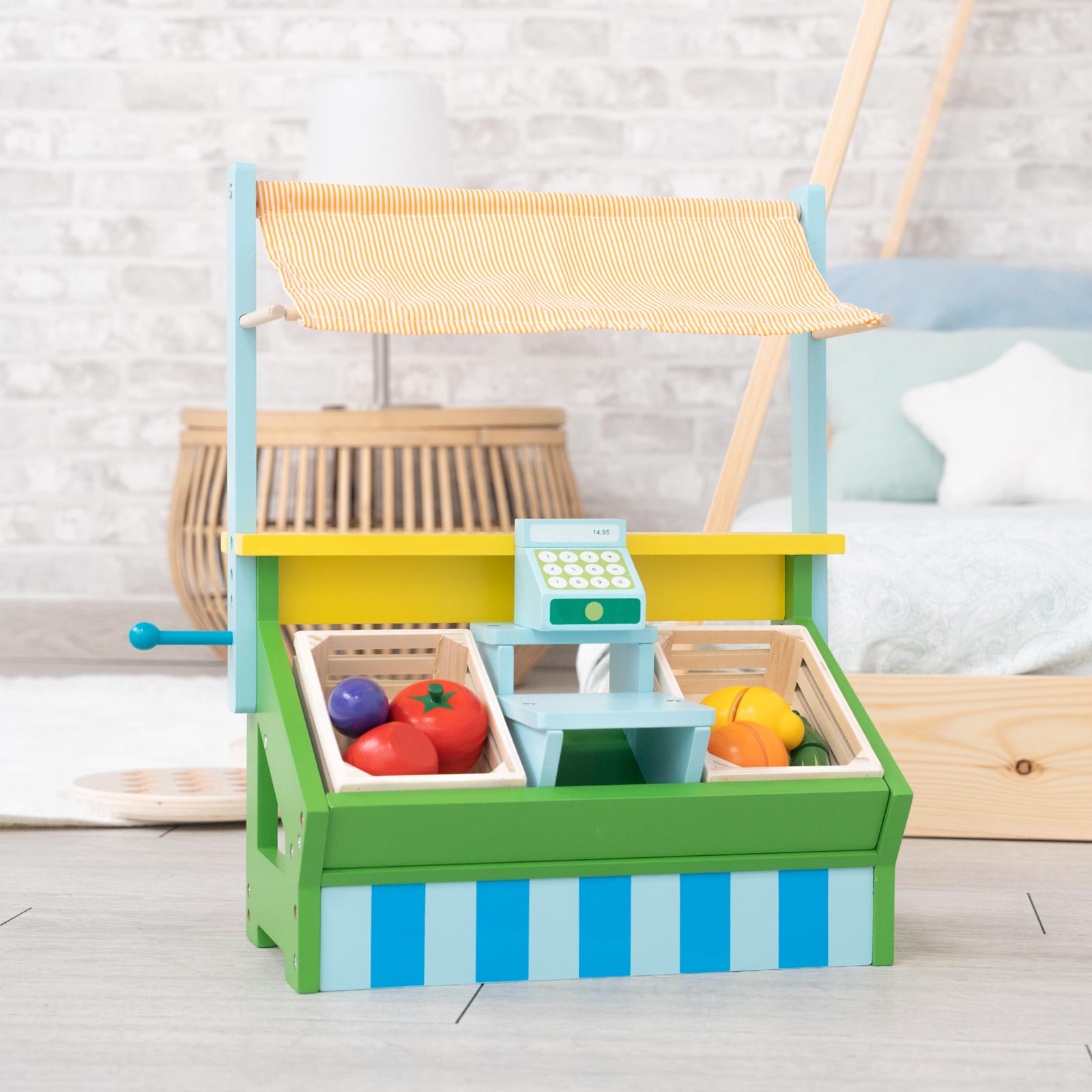 Mercado de Brinquedos Montessori Robincool Vegetable Market 42x20x45,2 cm Eco Wood | Toldo, caixa, caixa registradora e acessórios - Image 2