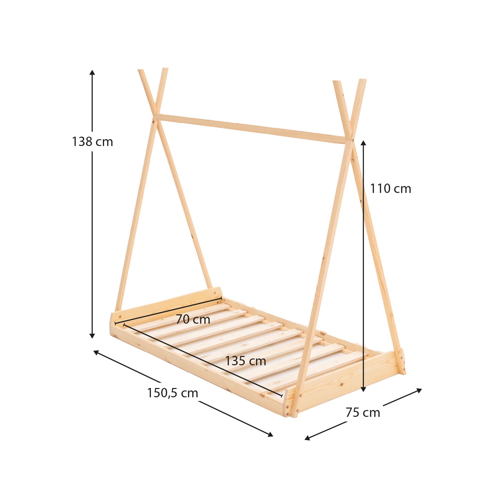 Cama Infantil Tipi Montessori feito de Madeira Ecológica Robincool Tipi Dreams 150,5x75x138 cm para colchão de 140x70 cm Guirlanda de LED - Image 4