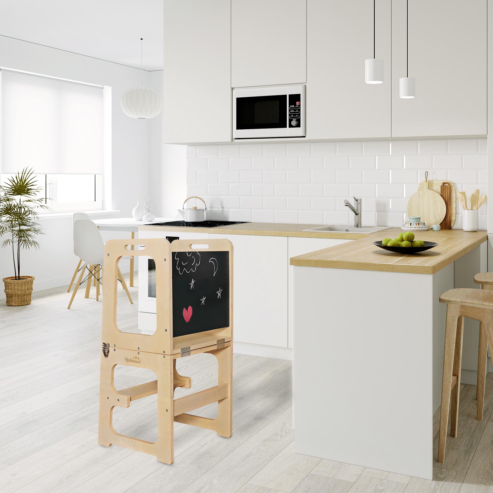 Montessori Robincool Evolutive II Torre de Aprendizagem de Bebê de Madeira 43x40x86cm Conversível em mesa e cadeira 3 em 1 | Barra de Segurança | Slate | Escada Evolutiva Modular para Crianças - Image 2