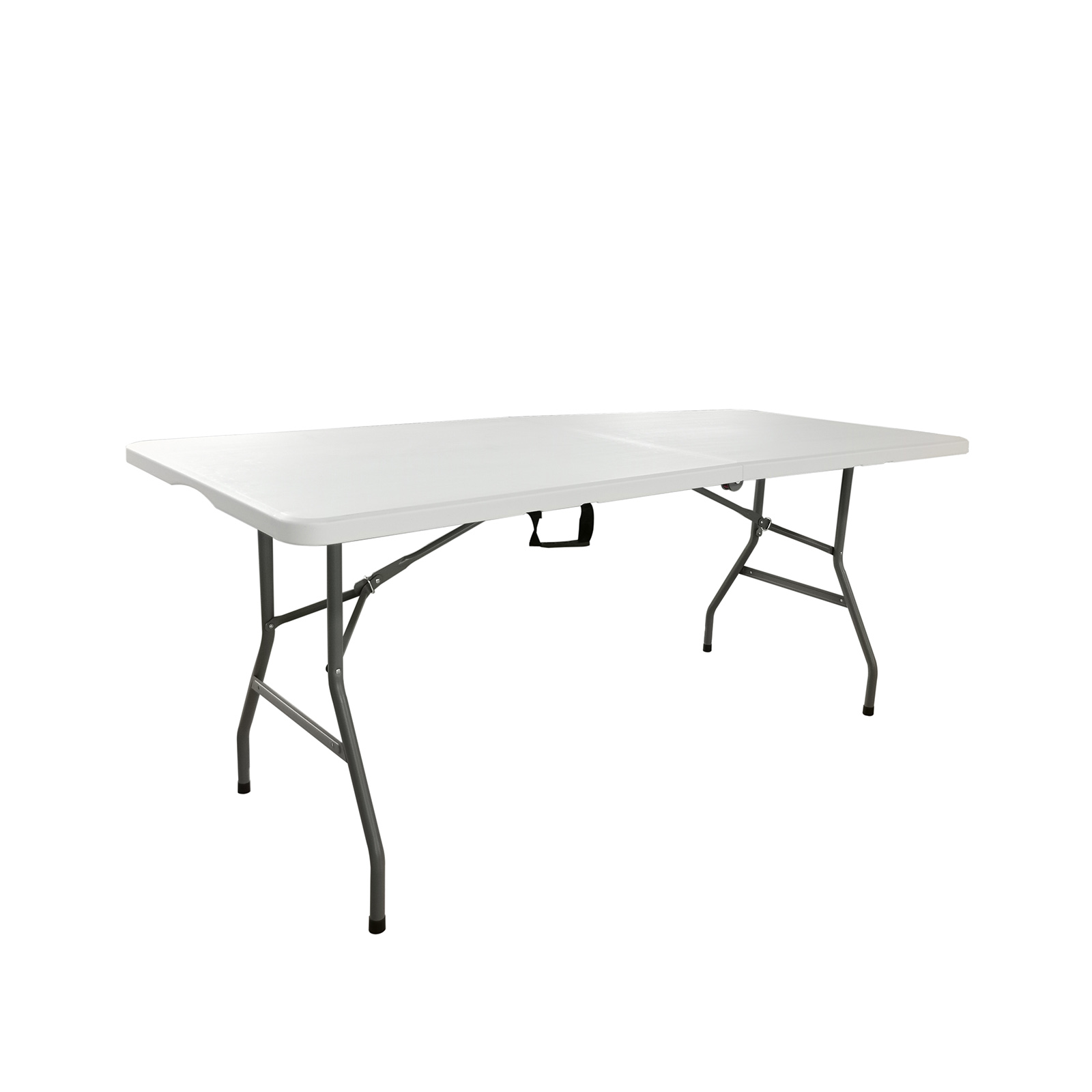 Mesa Dobrável e Portátil Gardiun New Köln 240x74x74 cm em resina na cor branca com alça lateral e sistema de trava