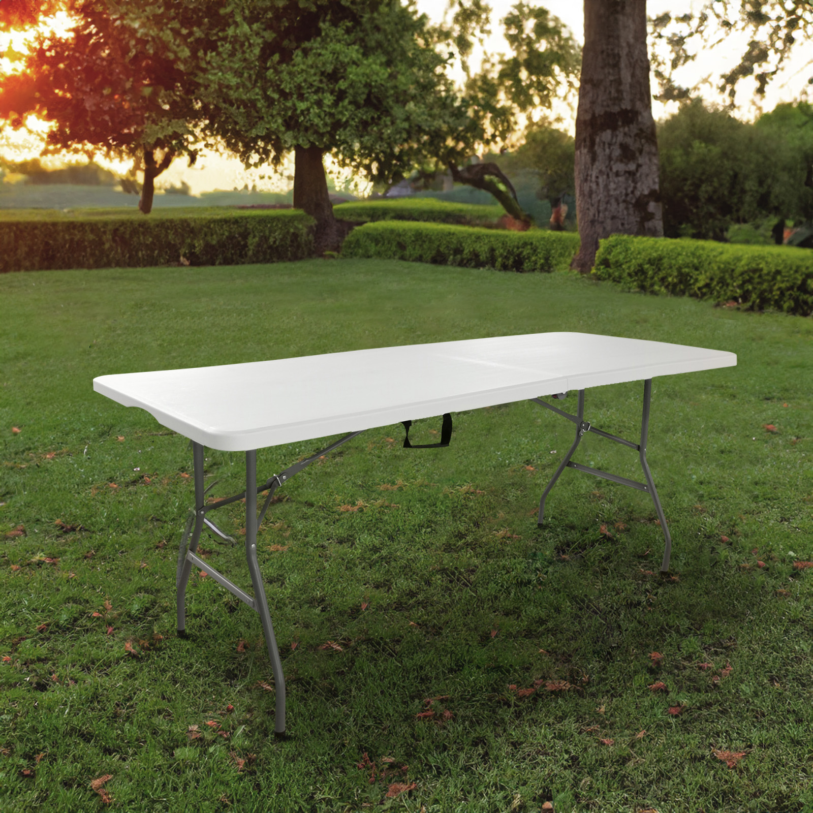 Mesa Dobrável e Portátil Gardiun New Köln 240x74x74 cm em resina na cor branca com alça lateral e sistema de trava - Image 2