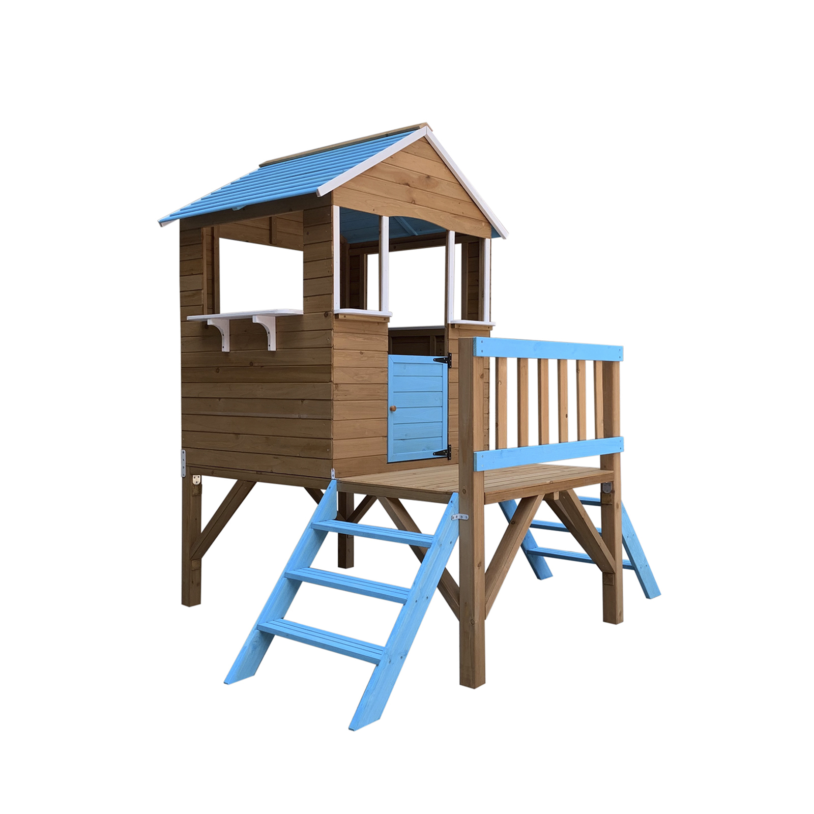 Casa Infantil de Madeira Robincool Blue Melody 3,23 m² de 198x170x197 cm, com 2 alturas, corrimão, varanda e escadas