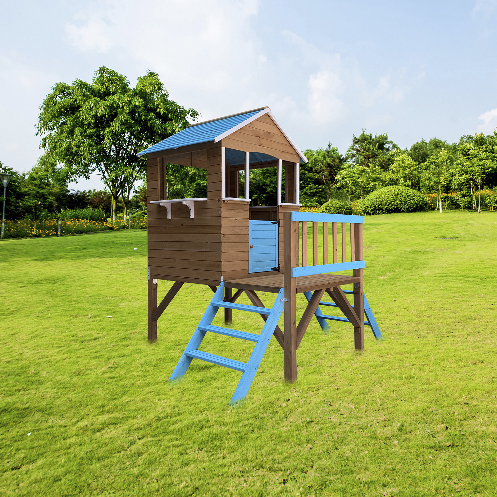 Casa Infantil de Madeira Robincool Blue Melody 3,23 m² de 198x170x197 cm, com 2 alturas, corrimão, varanda e escadas - Image 2