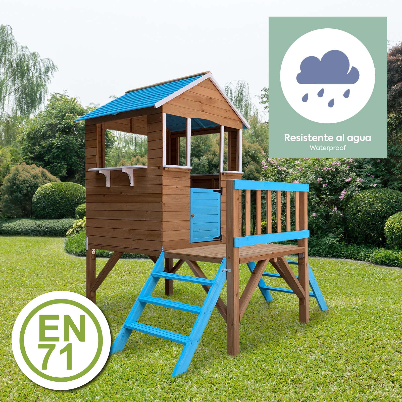 Casa Infantil de Madeira Robincool Blue Melody 3,23 m² de 198x170x197 cm, com 2 alturas, corrimão, varanda e escadas - Image 5