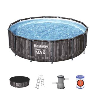 Piscina Desmontable Tubular Bestway Steel Pro Max efecto Madera Ø427 x 107 cm con Depuradora de Cartucho 3.028 l/h, Escalera y Cobertor