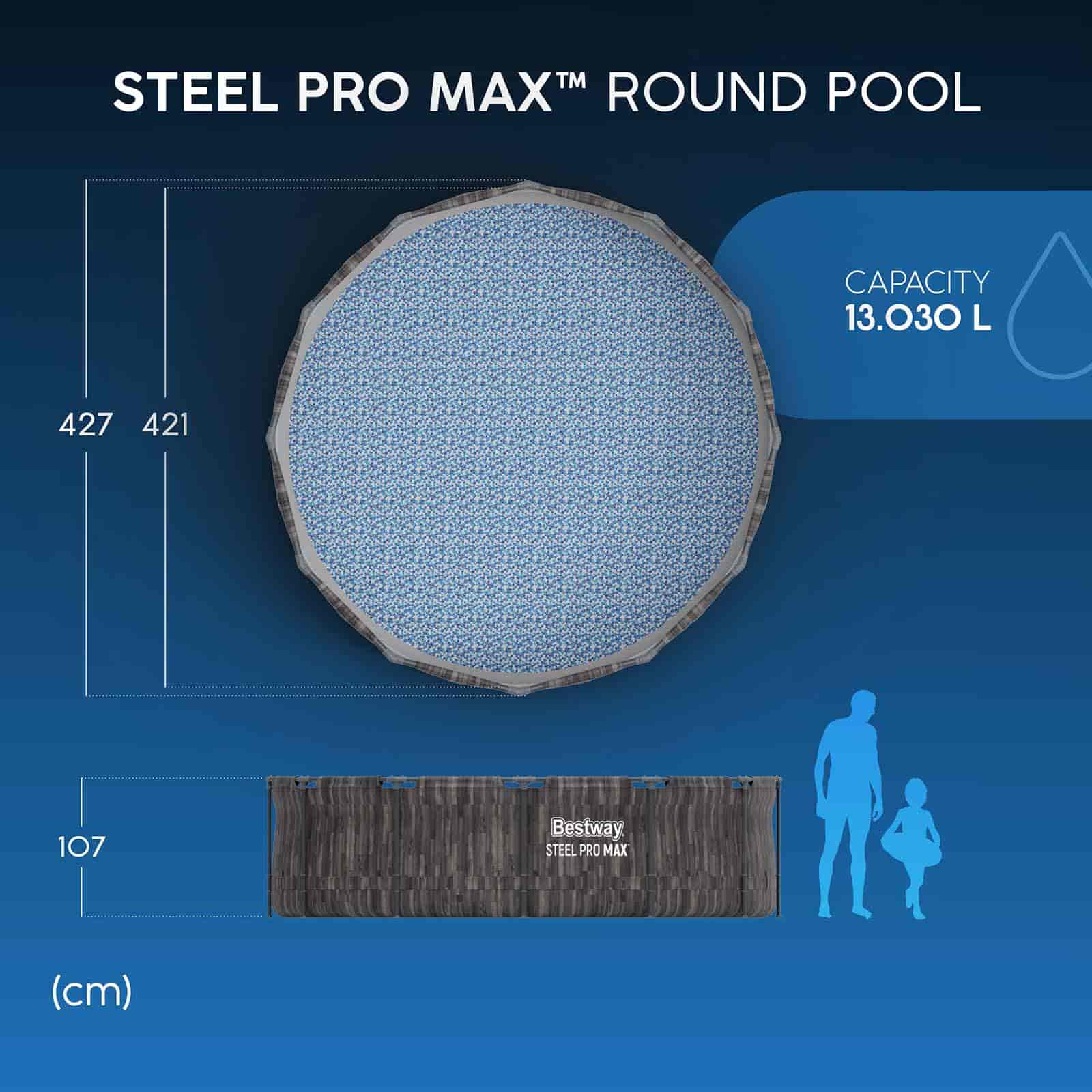 Piscina Desmontable Tubular Bestway Steel Pro Max efecto Madera Ø427 x 107 cm con Depuradora de Cartucho 3.028 l/h, Escalera y Cobertor - Imagen 9