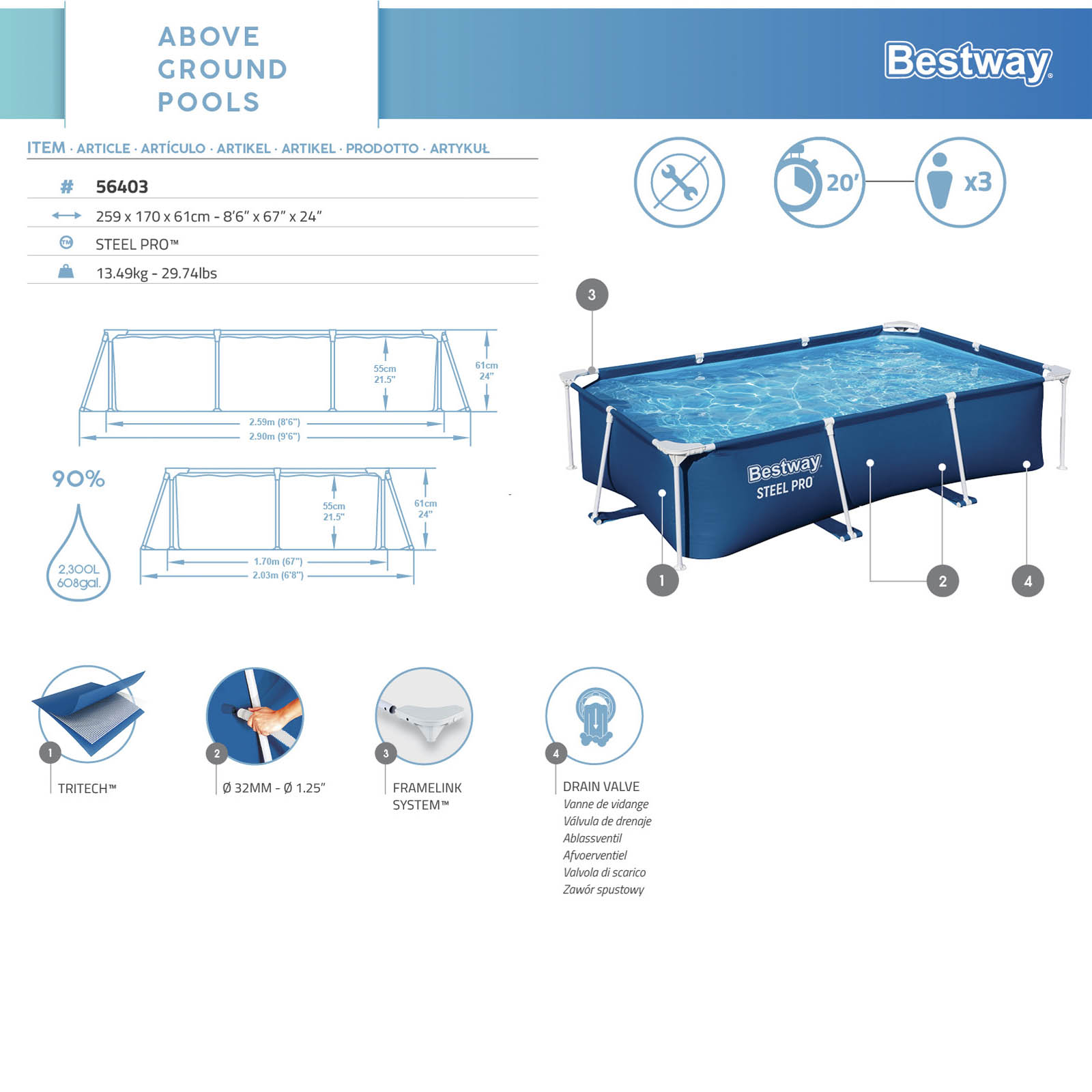 Piscina Rectangular Sin Depuradora Bestway Steel Pro 259 x 170 x 61 cm Capacidad 2.300 Litros - Imagen 4