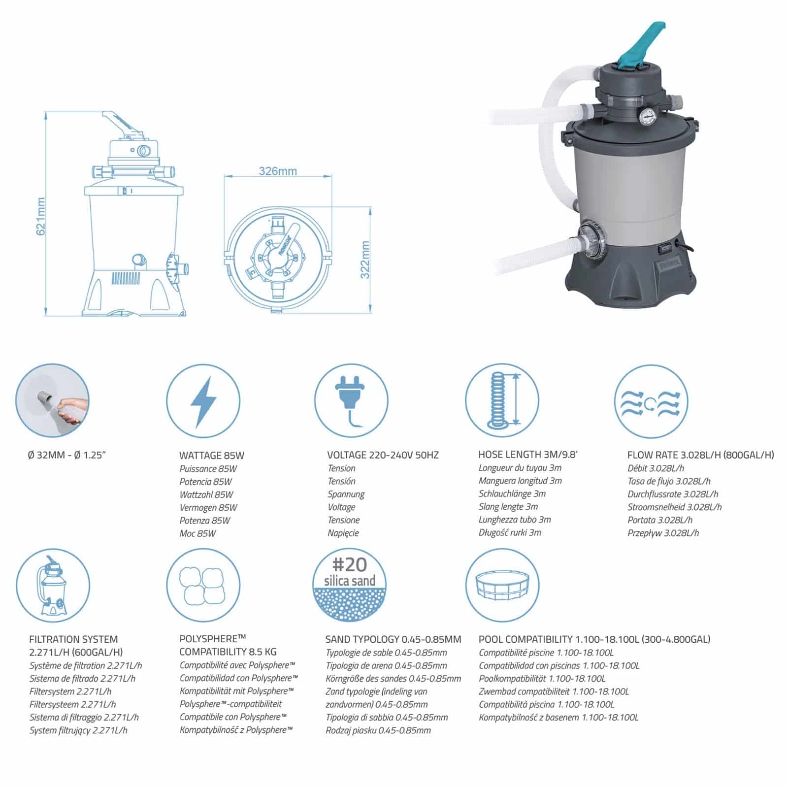 Bomba de filtragem de Areia para piscina Bestway 3.596 l/h Conexão 32 mm Piscinas Removíveis - Image 3