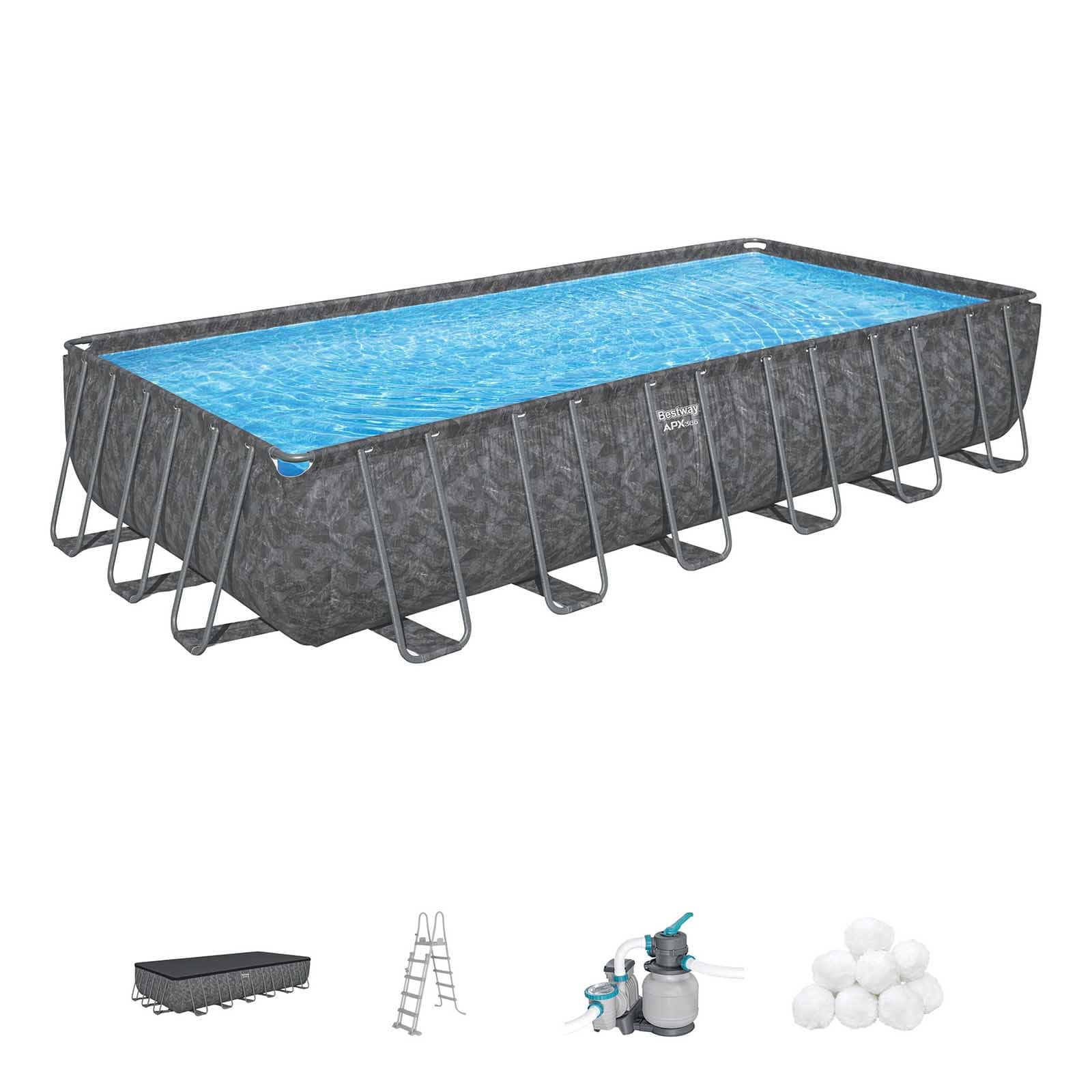 Bestway APX 365 Piscina Tubular Retangular 732 x 366 x 132 cm com Filtro de Areia, Escada e Cobertura de 6.056 l/h