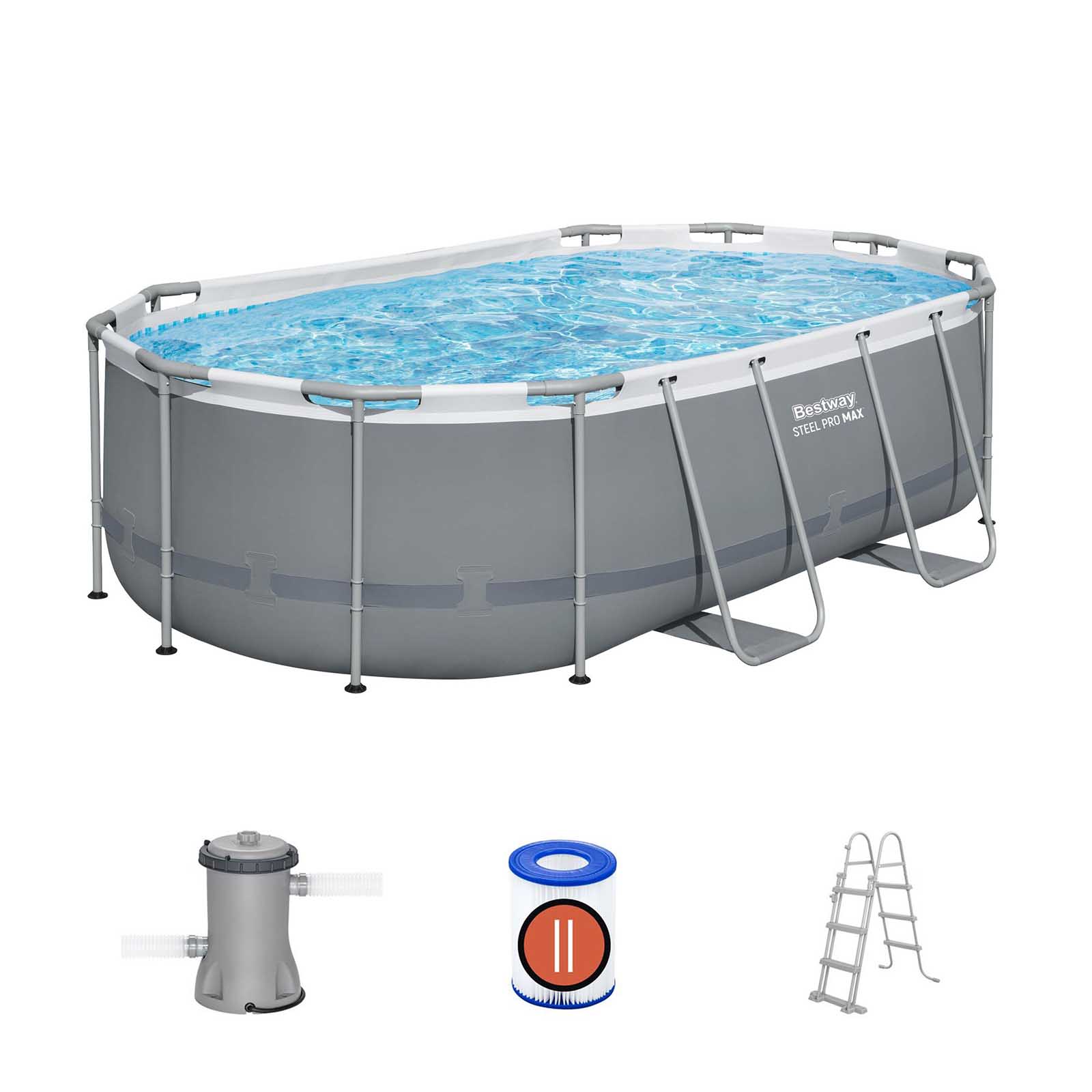 Bestway Steel Pro Max Oval Tubular Destacável Piscina 427 x 250 x 100 cm com Filtro de Cartucho de 2.006 l/h e Escada