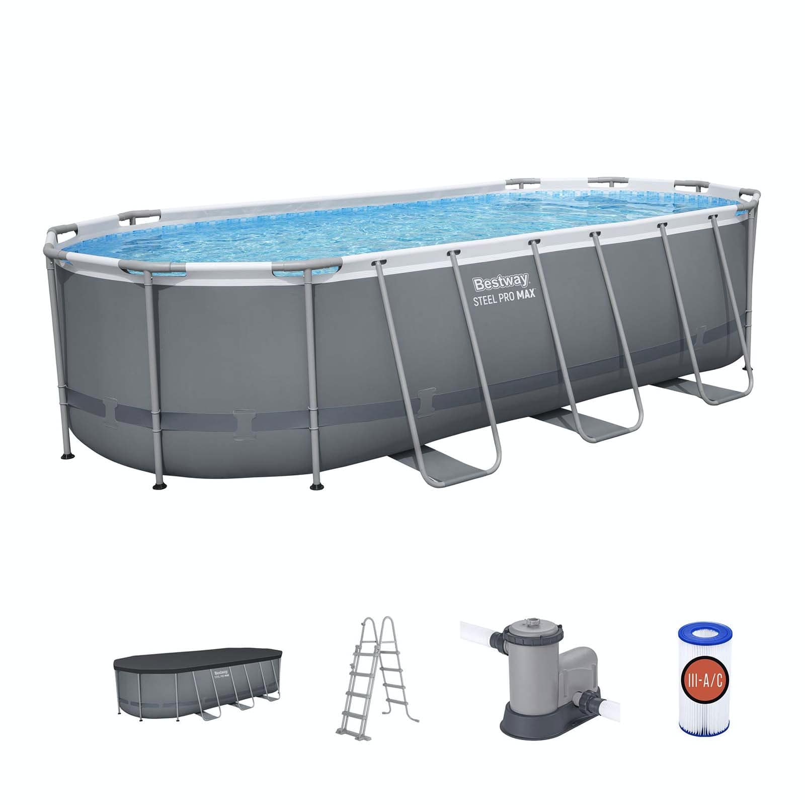 Bestway Steel Pro Max Oval Tubular Removível Piscina 549 x 274 x 122 cm com Filtro de cartucho de 5.678 l/h Tampa e Escada
