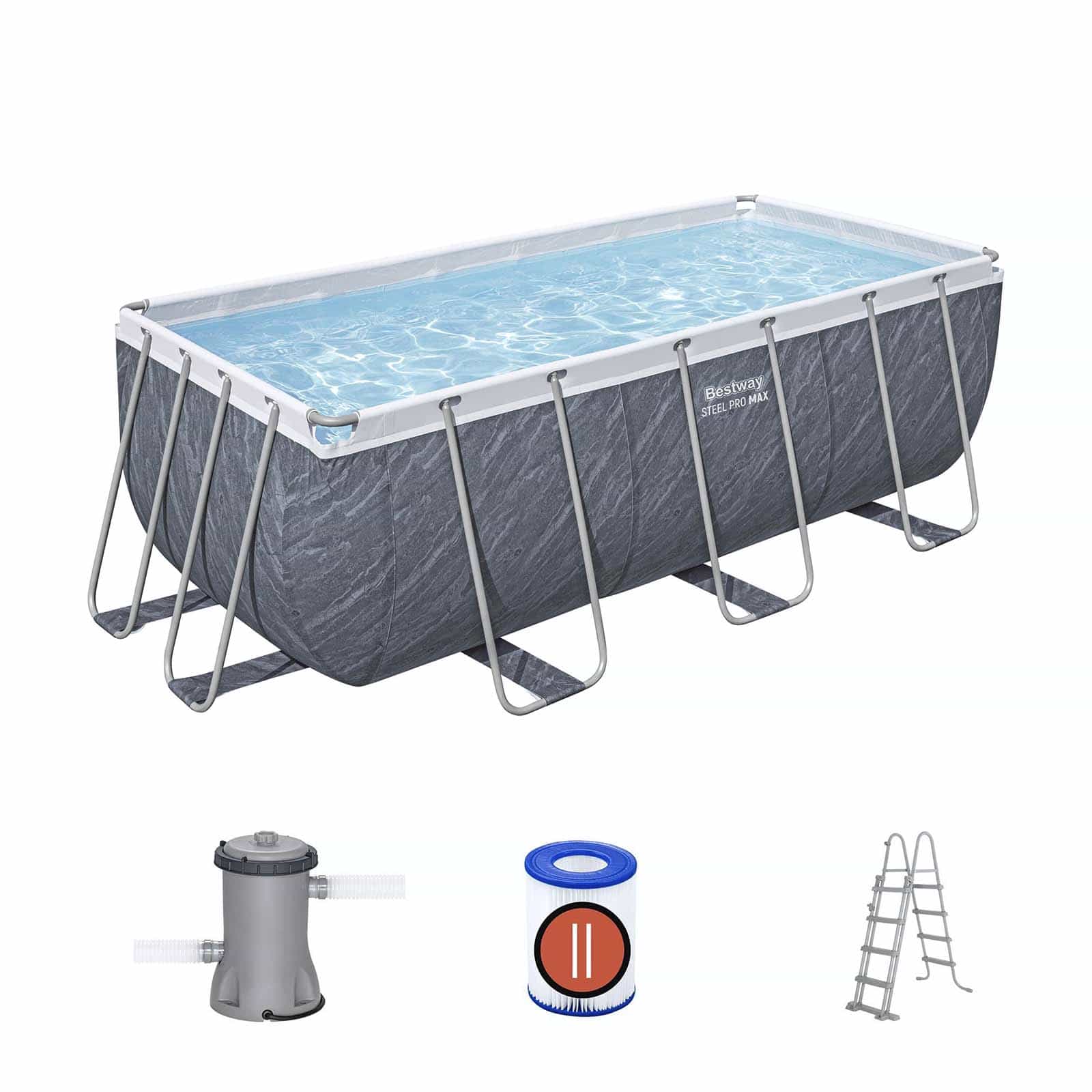 Bestway Steel Pro Max Piscina Tubular Retangular Removível 412 x 201 x 122 cm com Filtro de Cartucho de 2.006 l/h e Escada | Efeito mármore cinza