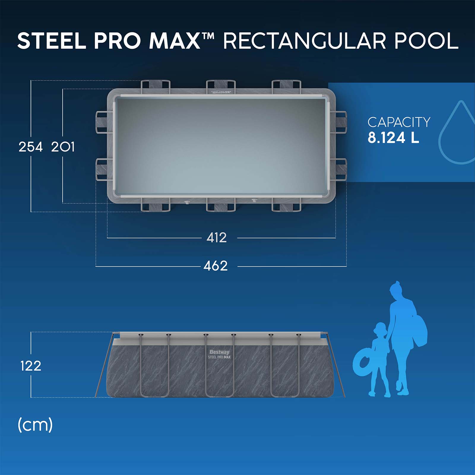 Piscina Desmontable Tubular Bestway Steel Pro Max Rectangular 412 x 201 x 122 cm con Depuradora de Cartucho 2.006 l/h y Escalera | Color Gris efecto Mármol - Imagen 7