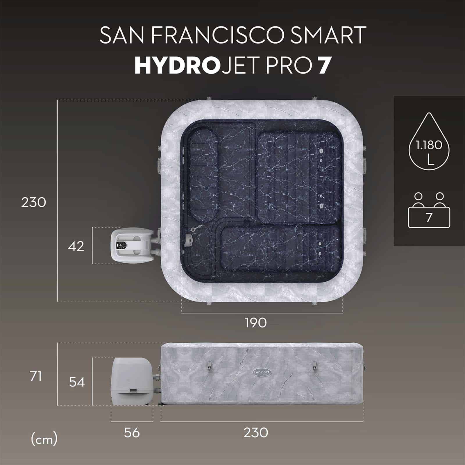 Bestway Lay-Z-Spa San Francisco MaxHold EnergySense Smart Luxe HydroJet Pro 7 Spa Inflável Efeito de Mármore Cinza 230 x 230 x 71 cm para 5-7 pessoas - Image 5