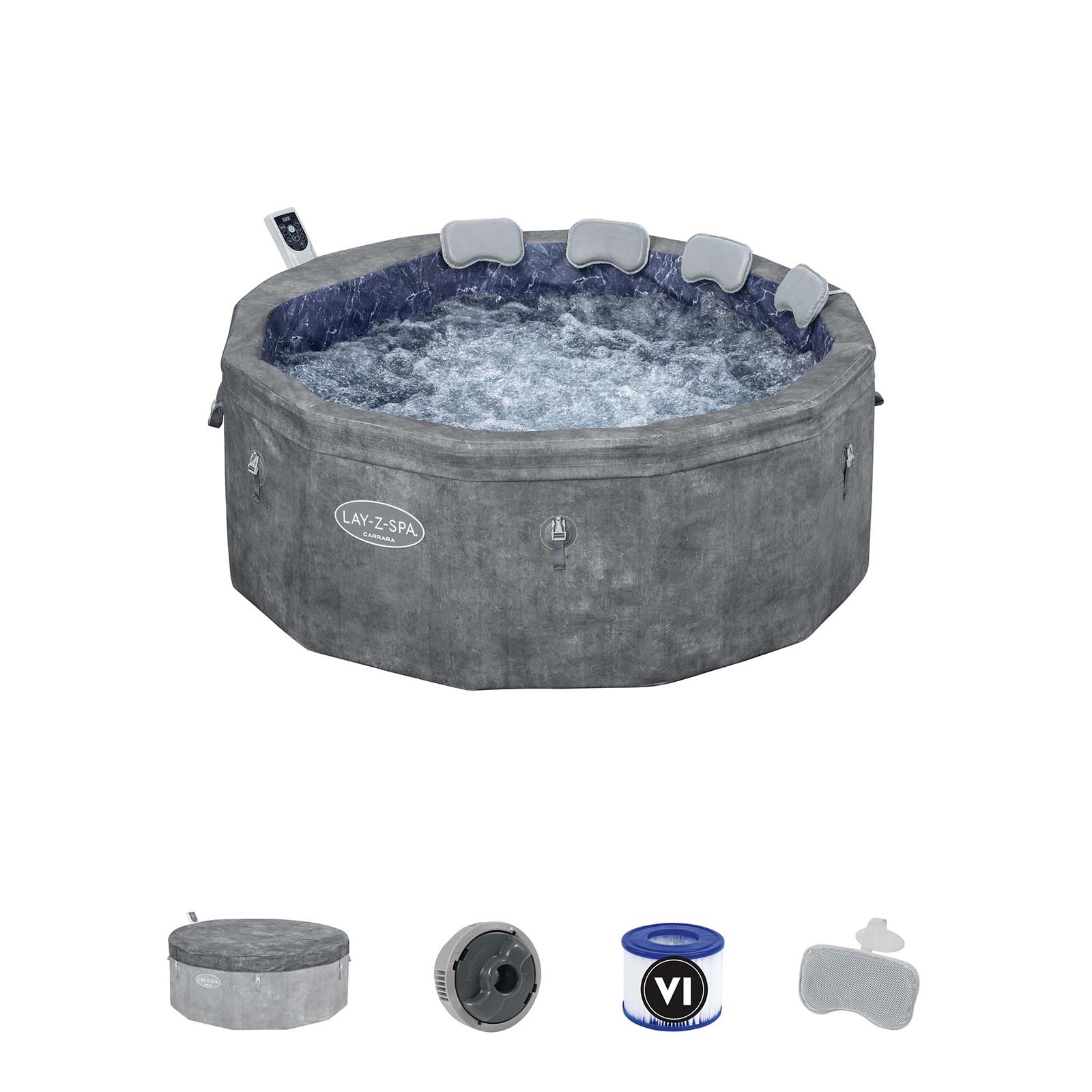 Bestway Lay-Z-Spa Carrara Spa Inflável com Tecnologia Energy-Efficient Smart AirJet Ø170 x 65 cm para 4-6 pessoas, em cinza pedra | Jatos Airjet 140