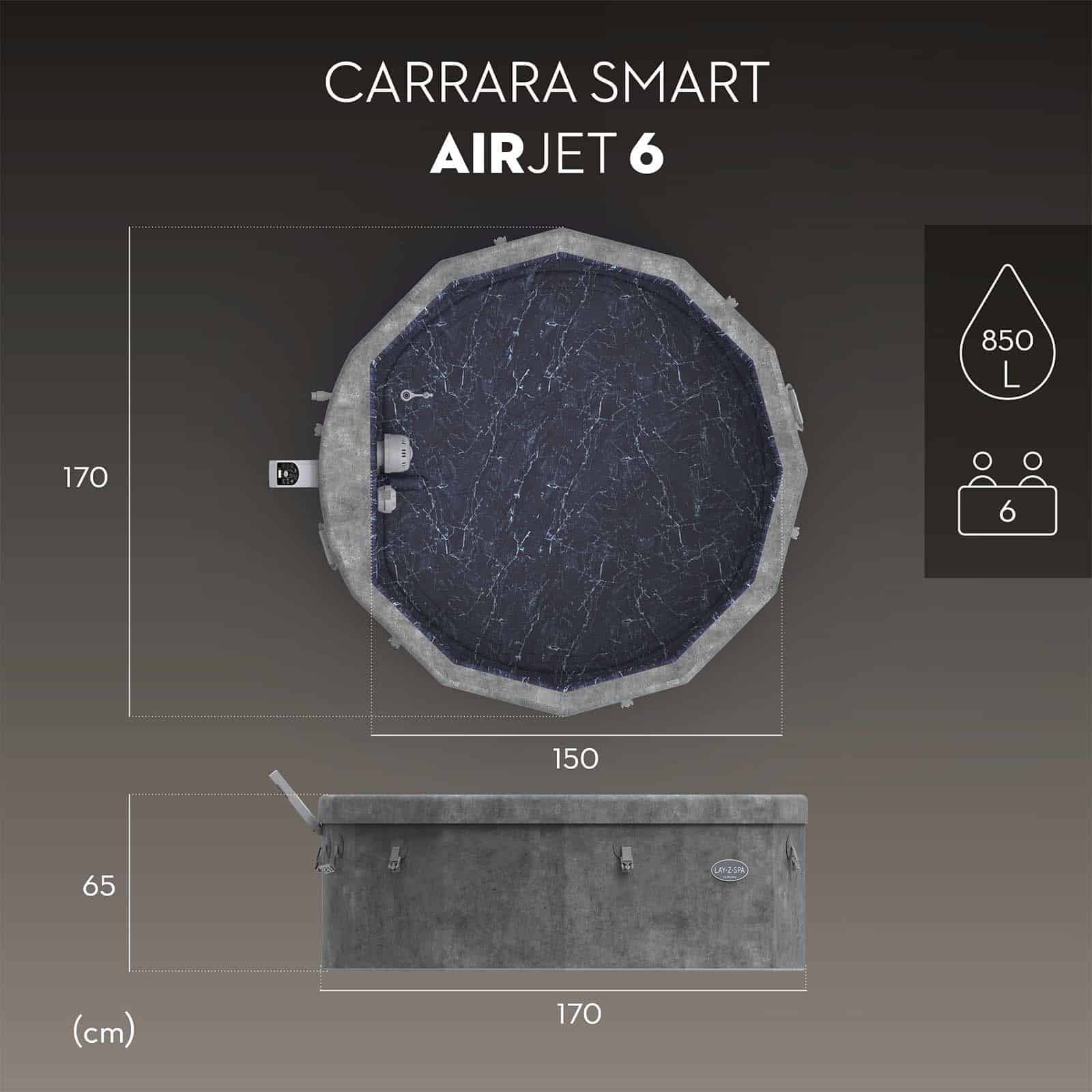 Bestway Lay-Z-Spa Carrara Spa Inflável com Tecnologia Energy-Efficient Smart AirJet Ø170 x 65 cm para 4-6 pessoas, em cinza pedra | Jatos Airjet 140 - Image 5