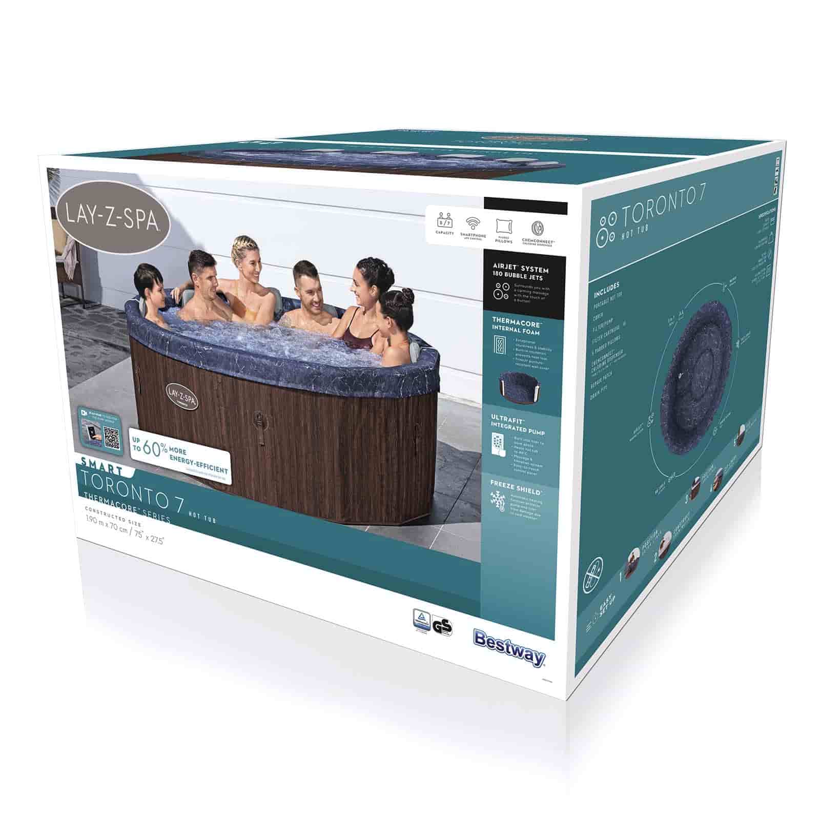 Spa Hinchable Bestway Lay-Z-Spa Toronto ThermaCore UltraFit Smart AirJet 7 efecto madera Ø190 x 70 cm para 5-7 personas | Airjet 180 chorros - Imagen 9
