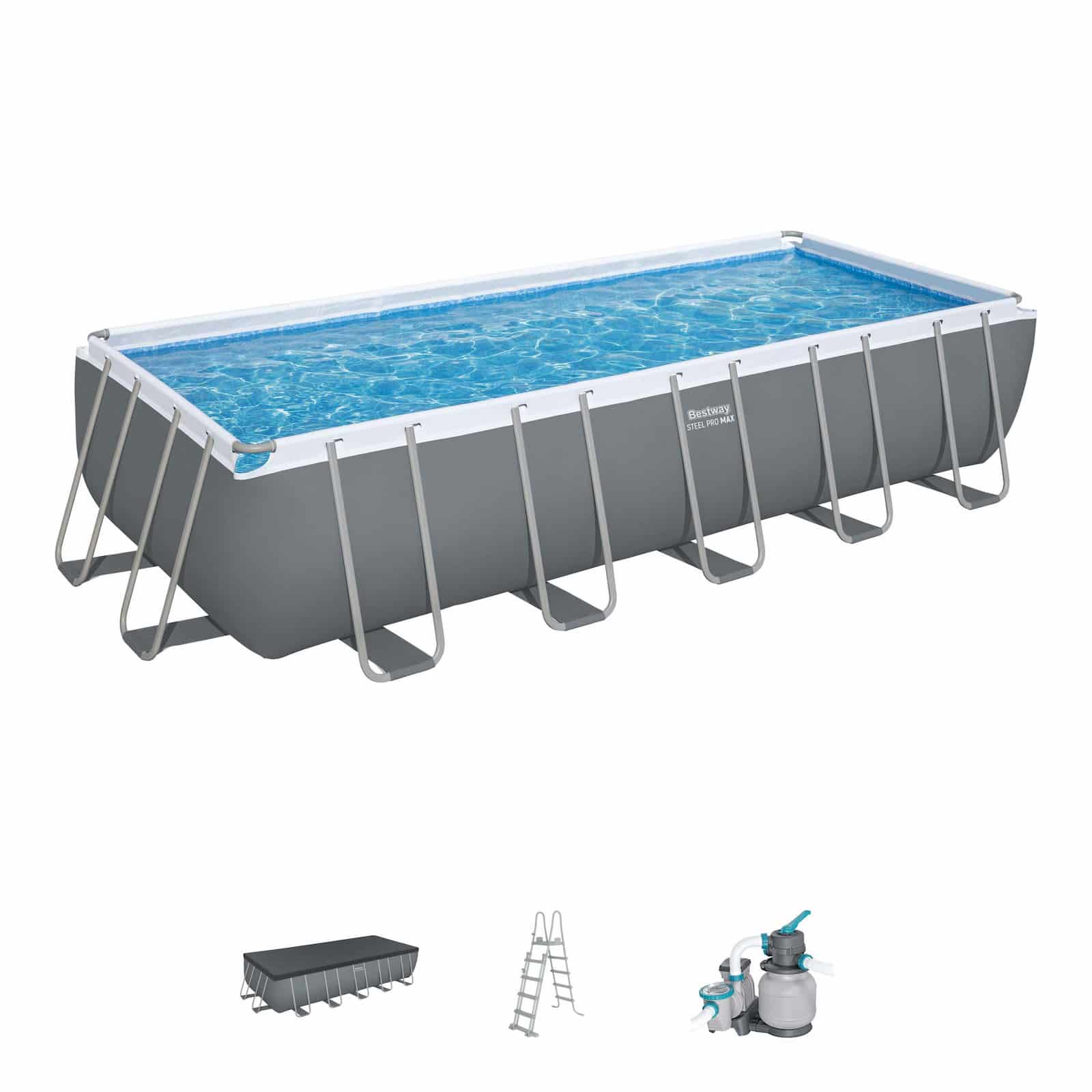 Piscina Desmontable Tubular Bestway Steel Pro Max Rectangular 640 x 274 x 132 cm con Depuradora de Arena de 6.056 l/h, Escalera y Cobertor