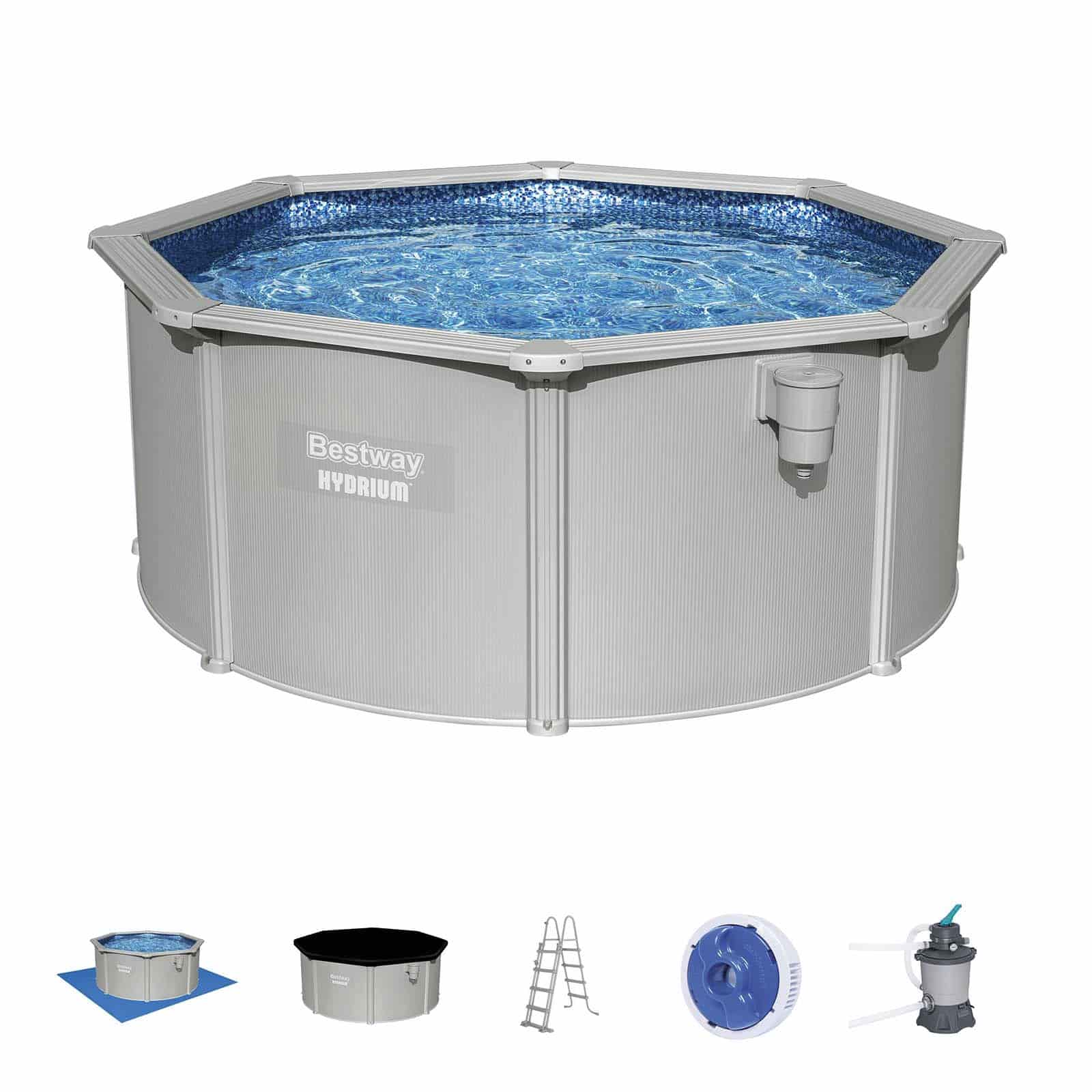 Piscina Desmontable Redonda de Acero Bestway Hydrium Ø305 x 122 cm con Depuradora de Arena 3.596 l/h, Lona de Fondo, Cobertor y Escalera