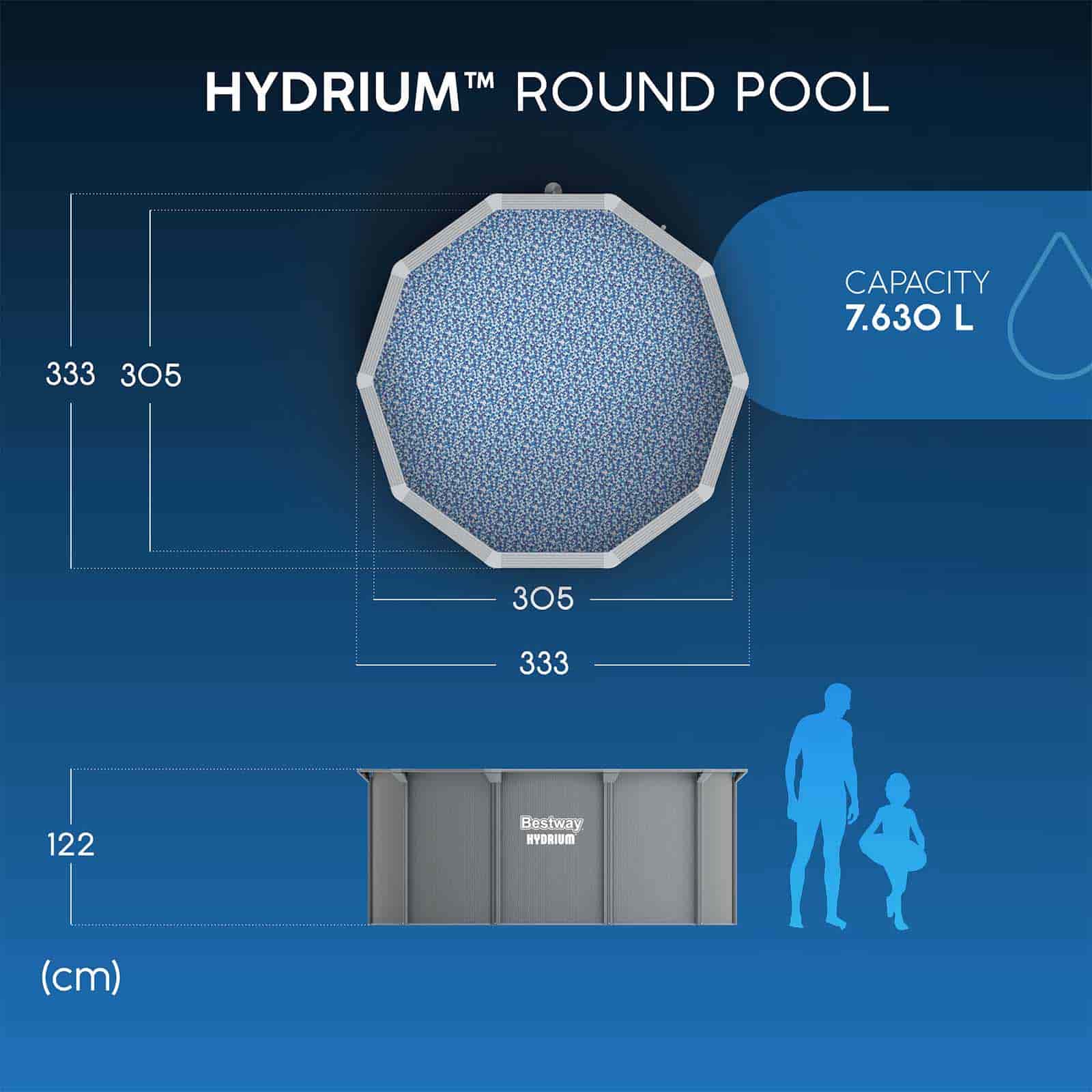 Piscina Desmontable Redonda de Acero Bestway Hydrium Ø305 x 122 cm con Depuradora de Arena 3.596 l/h, Lona de Fondo, Cobertor y Escalera - Imagen 12