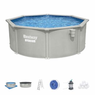 Piscina removível de aço redondo Bestway Hydrium Ø366 x 122 cm com purificador de areia 3.596 l/h, lona inferior, cobertura e escada