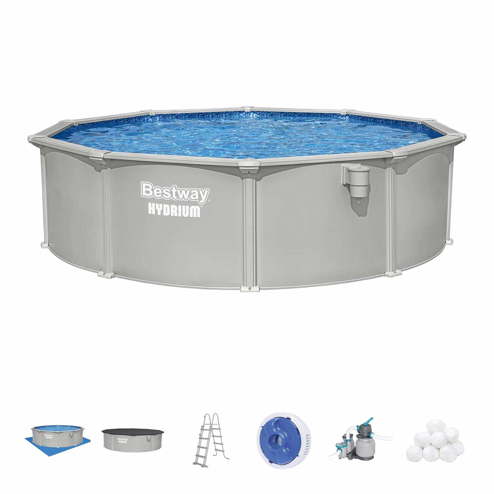 Bestway Hydrium Piscina Redonda de Aço Destacável Ø457 x 122 cm com Filtro de Areia 6.056 l/h, Lona Inferior, Tampa e Escada