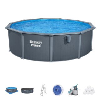Piscina removível de Aço redonda Bestway Hydrium Ø488 x 132 cm com Filtro de Areia 6.056 l/h, Lona inferior, Tampa e Escada