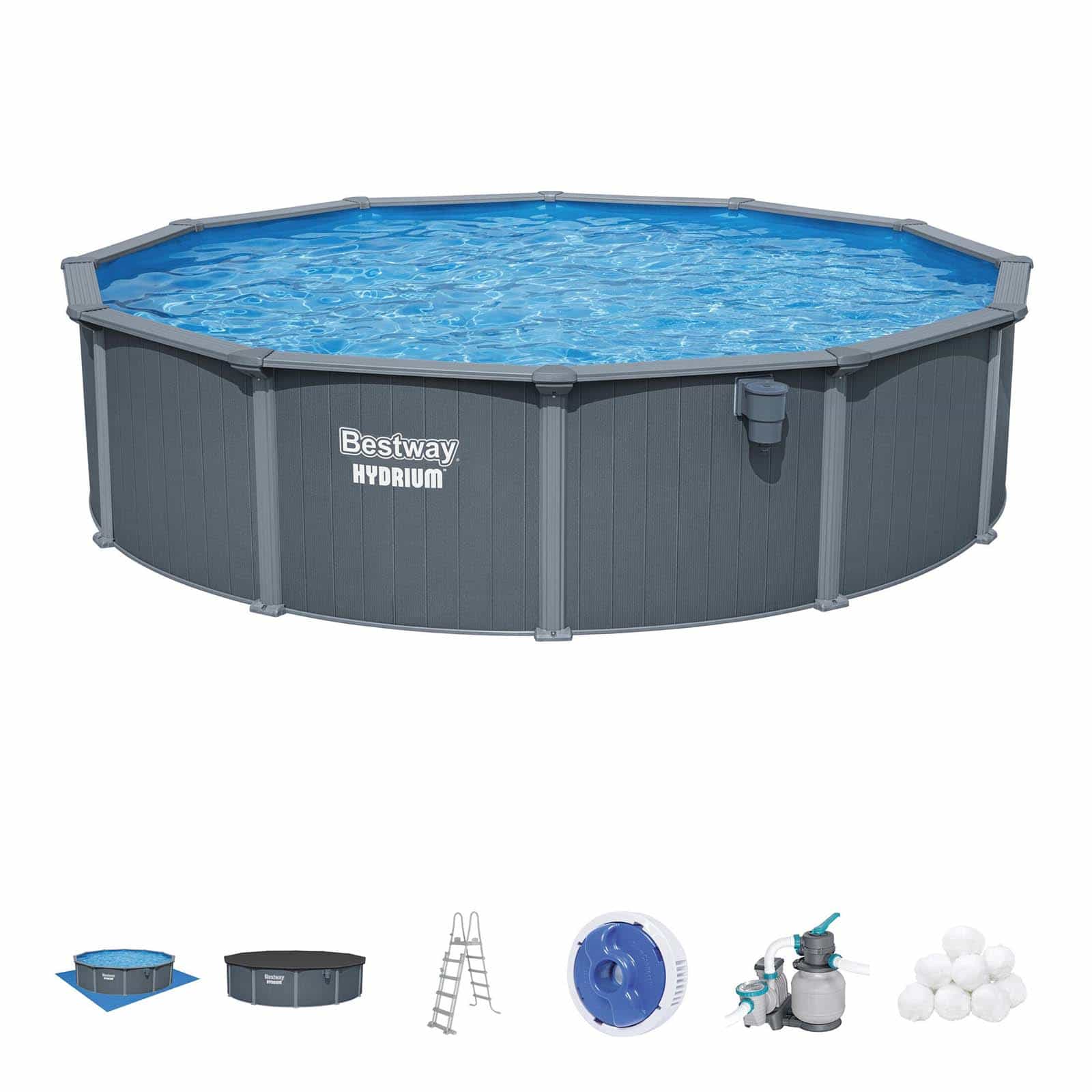 Piscina removível de Aço redonda Bestway Hydrium Ø549 x 132 cm com Filtro de Areia 6.056 l/h, Lona inferior, Tampa e Escada