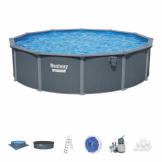 Piscina Desmontable Redonda de Acero Bestway Hydrium Ø549 x 132 cm con Depuradora de Arena 6.056 l/h, Lona de Fondo, Cobertor y Escalera