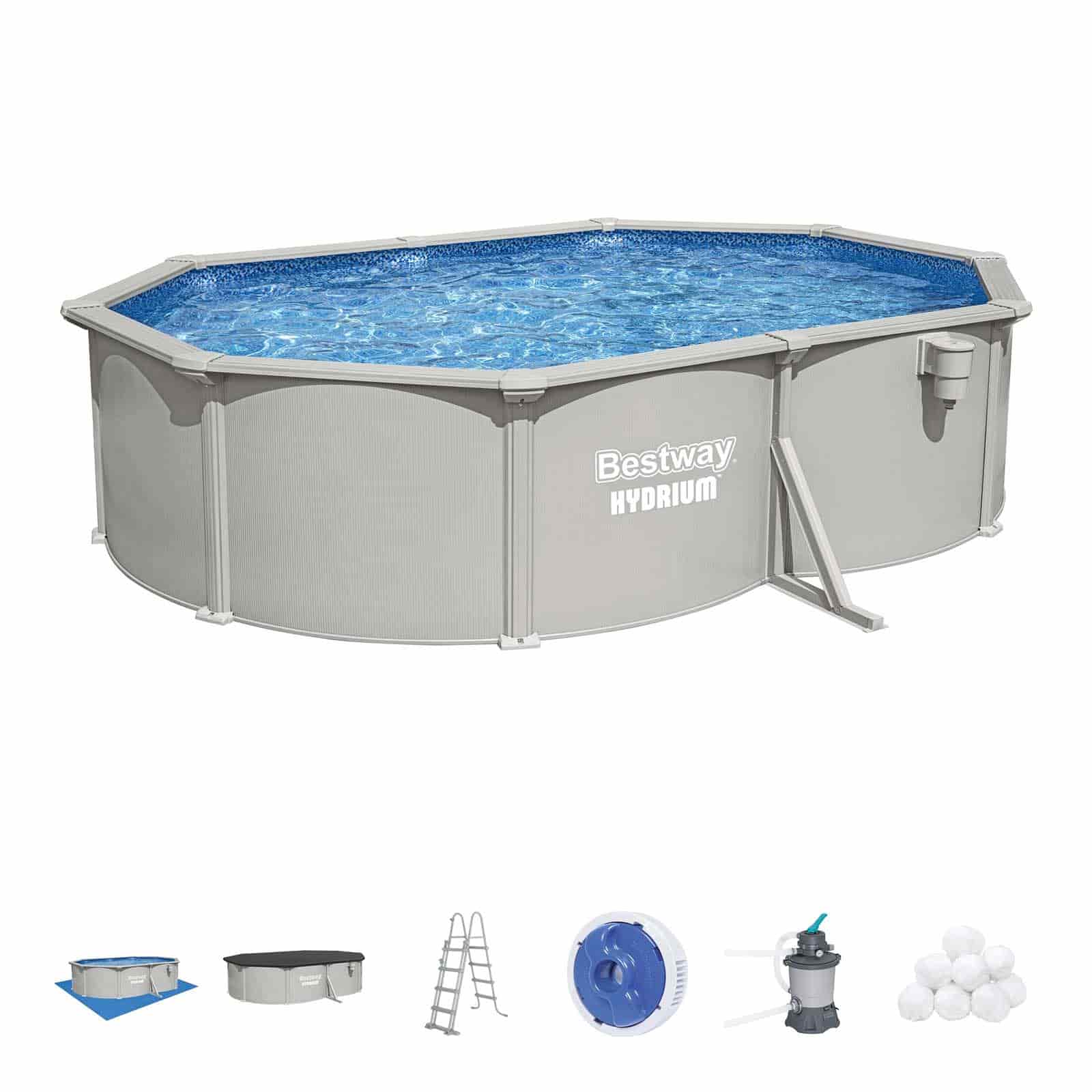 Bestway Hydrium 500 x 366 x 122 cm Piscina oval de Aço removível com Filtro de Areia de 3.596 l/h, Lona de fundo, Tampa e Escada