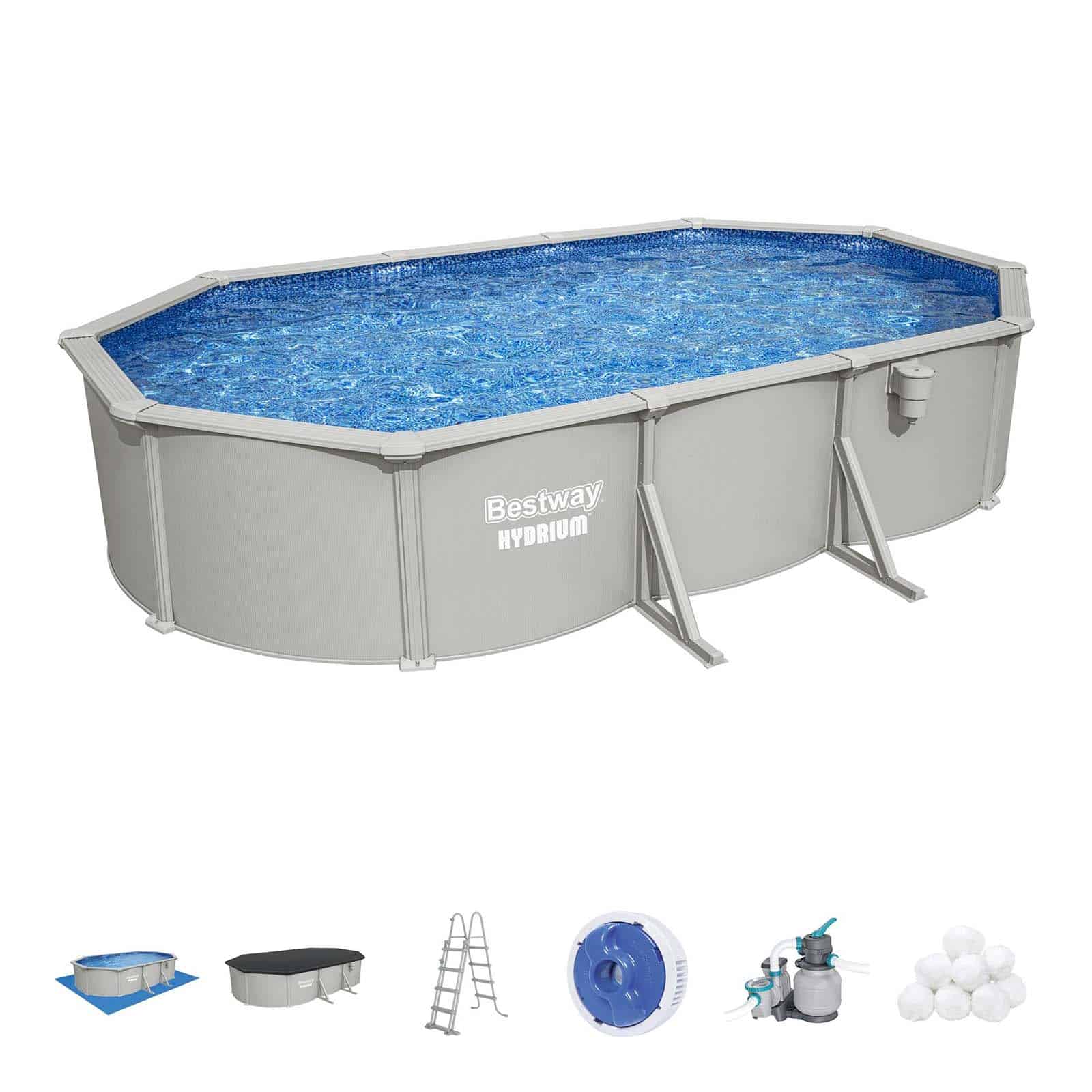 Piscina Desmontable Ovalada de Acero Bestway Hydrium 610 x 366 x 122 cm con Depuradora de Arena de 6.056 l/h, Lona de Fondo, Cobertor y Escalera