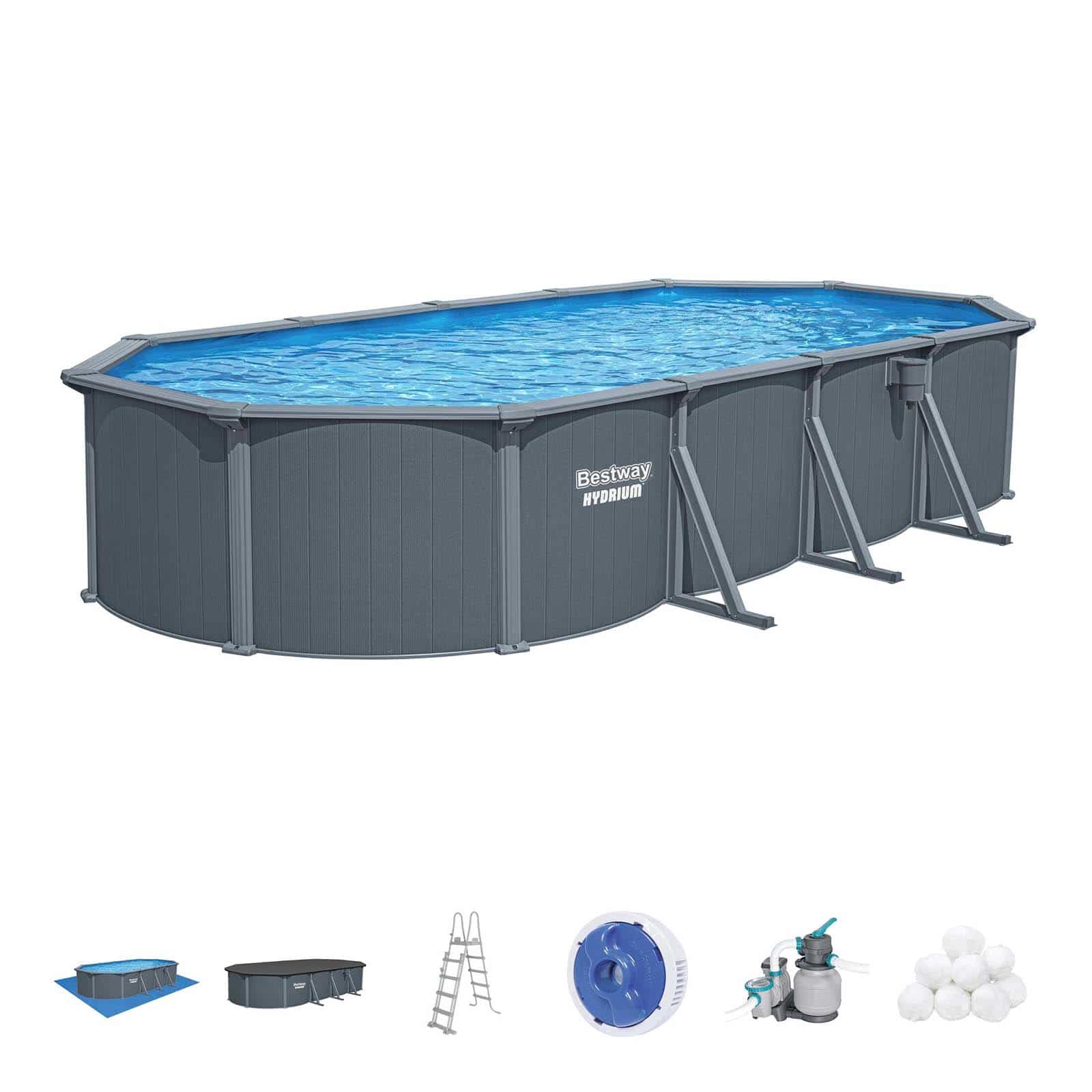 Bestway Hydrium 732 x 366 x 132 cm Piscina oval removível com Filtro de Areia de 6.056 l/h, Lona inferior, Tampa e Escada