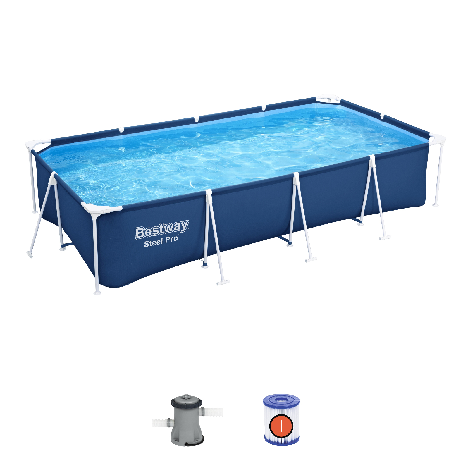 Piscina desmontável retangular Bestway Steel Pro 400 x 211 x 81 cm com filtro de cartucho de 1.249 l/h, cor azul