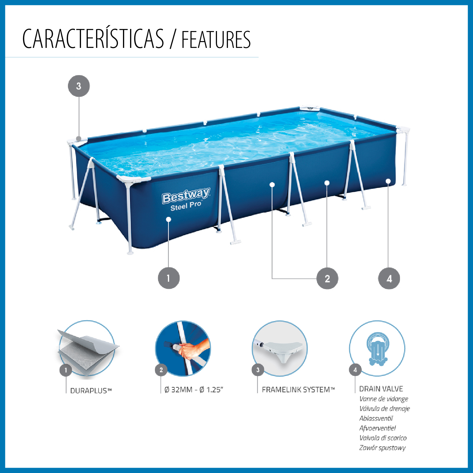 Piscina desmontável retangular Bestway Steel Pro 400 x 211 x 81 cm com filtro de cartucho de 1.249 l/h, cor azul - Image 3