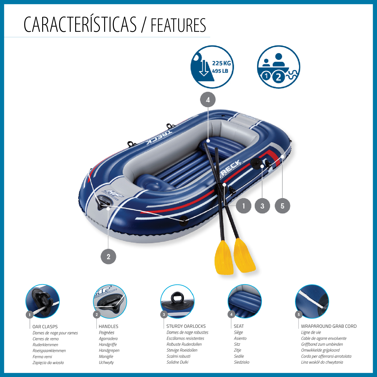 Barco insuflável para 2 adultos e 1 criança Bestway Hydro-Force Treck X2 255 x 127 x 36 cm, com 2 remos e bomba de pé incluída - Image 3