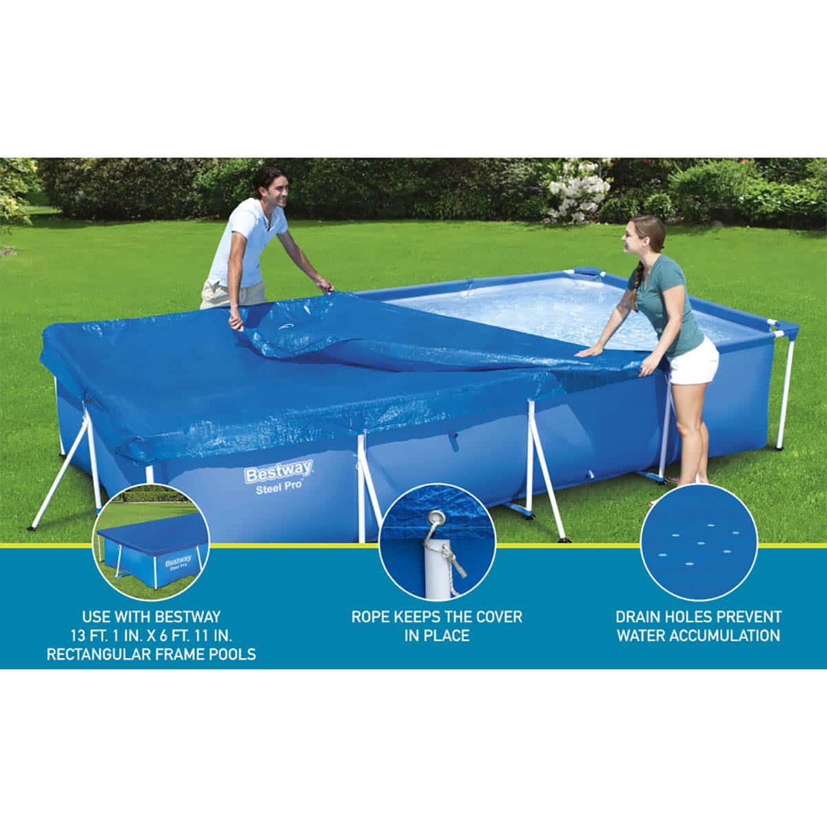 Cobertor para piscina rectangular Bestway 410 x 226 cm compatible con piscinas rectangulares Bestway de 410 x 211 cm | Azul - Imagen 4