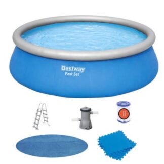 Piscina Desmontable Autoportante Bestway Fast Set Ø457x122 cm Depuradora de Cartucho de 3.028 L/H, Cobertor Solar, Escalera y Tapiz Protector de Suelo