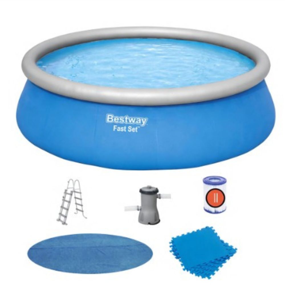Piscina Desmontable Autoportante Bestway Fast Set Ø457x122 cm Depuradora de Cartucho de 3.028 L/H, Cobertor Solar, Escalera y Tapiz Protector de Suelo