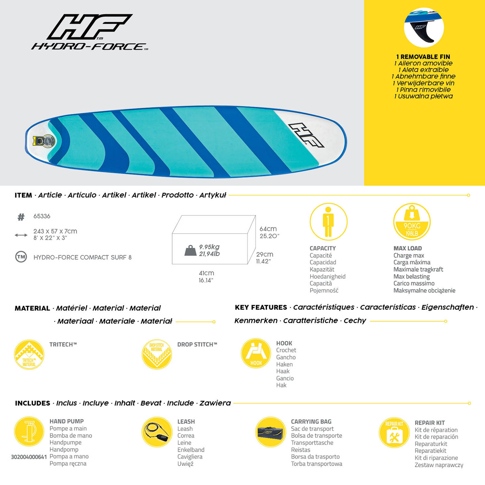 Tabla Surf Hinchable Bestway Hydro-Force Compact Surf 8 243x57x7 cm Con Bomba y Bolsa de Viaje - Imagen 9