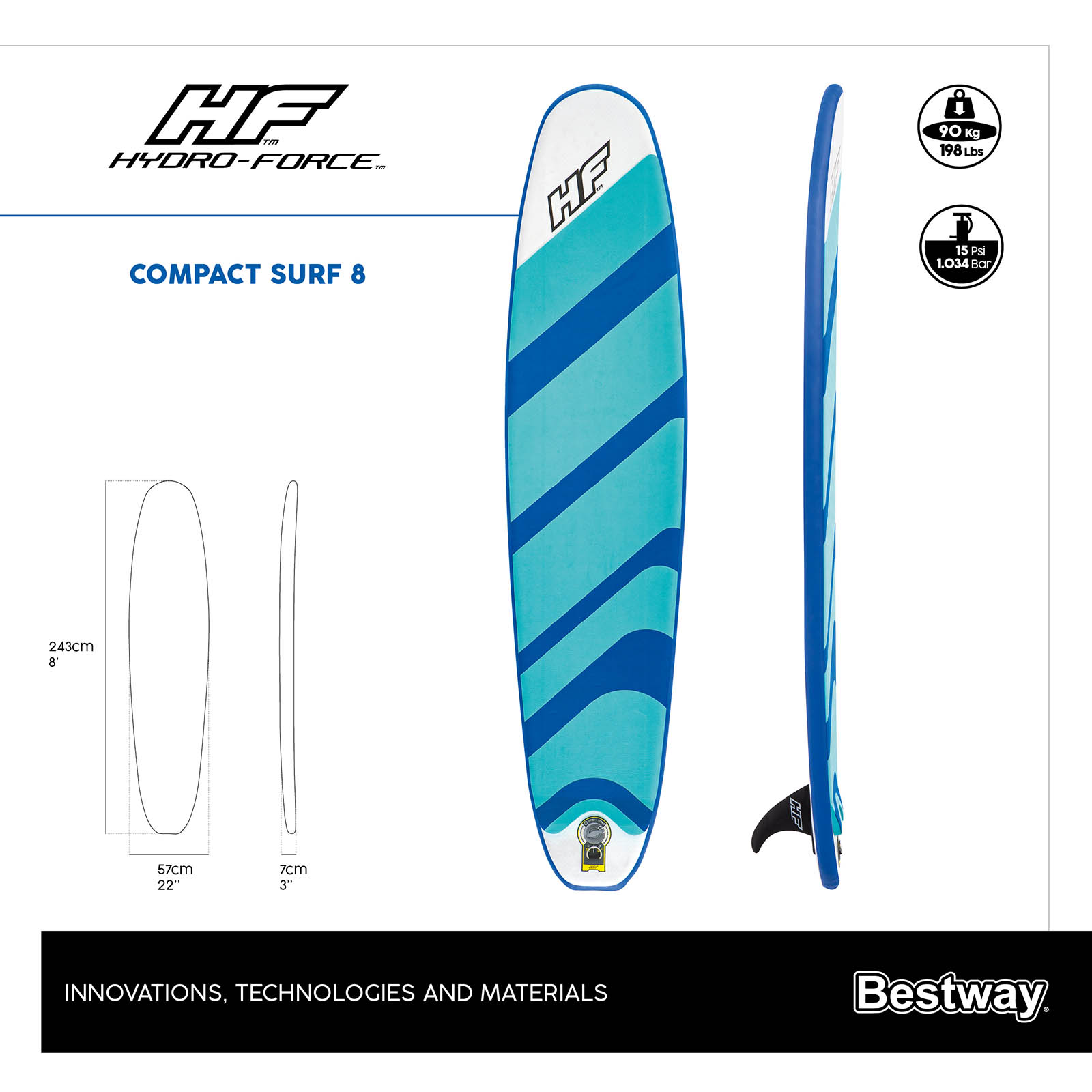 Tabla Surf Hinchable Bestway Hydro-Force Compact Surf 8 243x57x7 cm Con Bomba y Bolsa de Viaje - Imagen 7