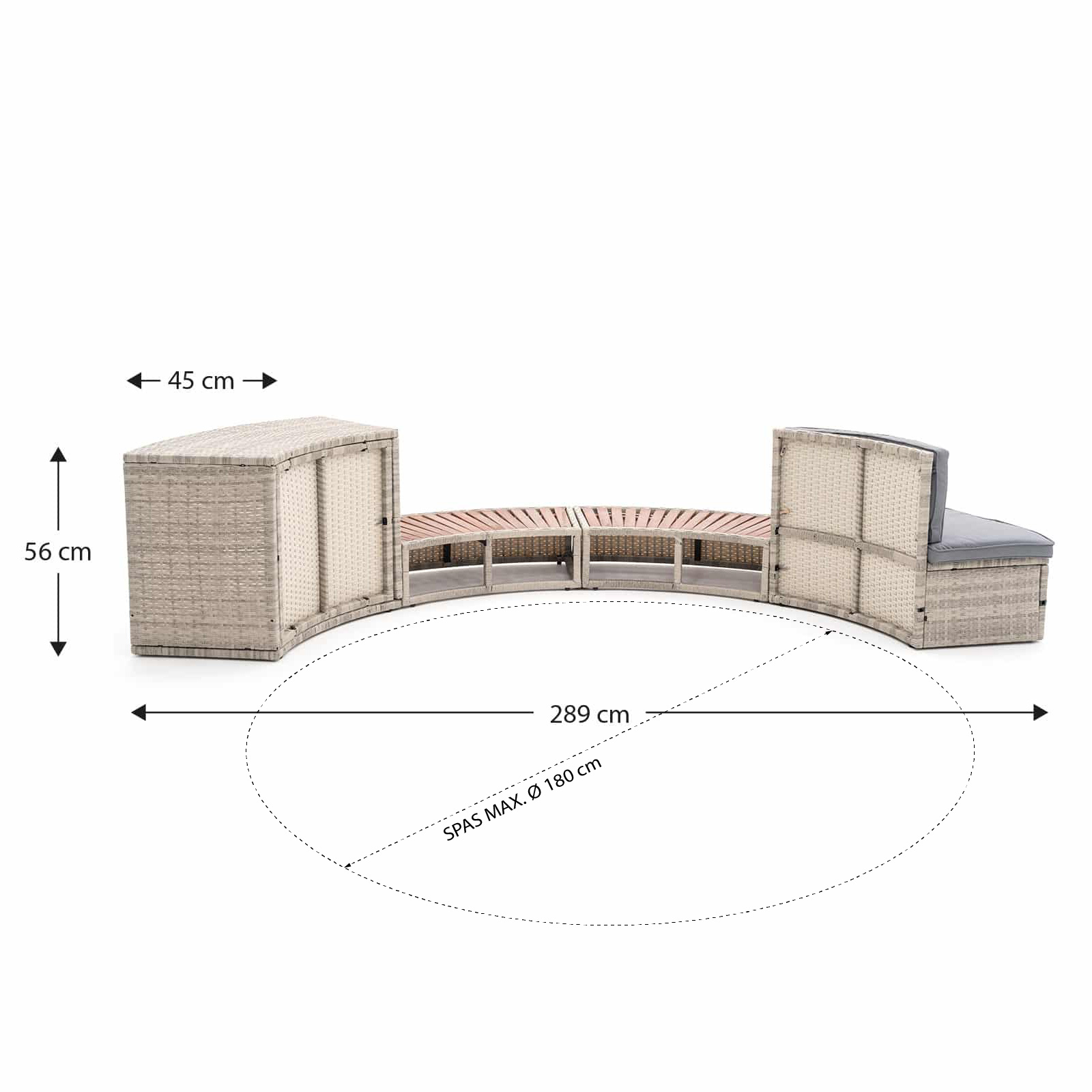 Revestimiento Spa Hidromasaje K2O Half Surround 180 289x45x56 cm Borde para Spa Semicircular de 4 piezas Escalones, Banco y Almacenamiento - Imagen 4