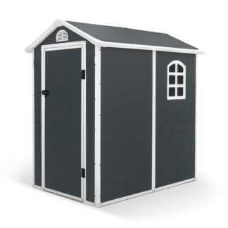 Cabina de resina para exterior Gardiun New Marena, 2,57 m², 130 x 190 x 203 cm, com janela lateral e aberturas de ventilação, antracite/branco