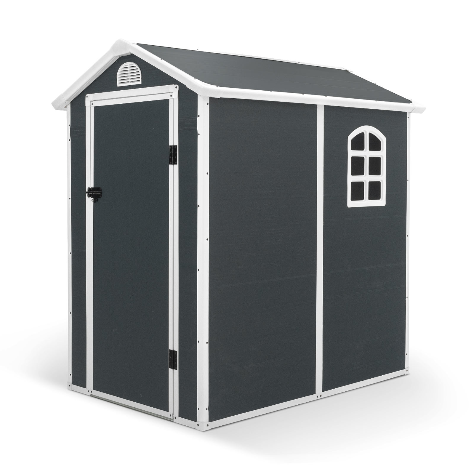 Cabina de resina para exterior Gardiun New Marena, 2,57 m², 130 x 190 x 203 cm, com janela lateral e aberturas de ventilação, antracite/branco