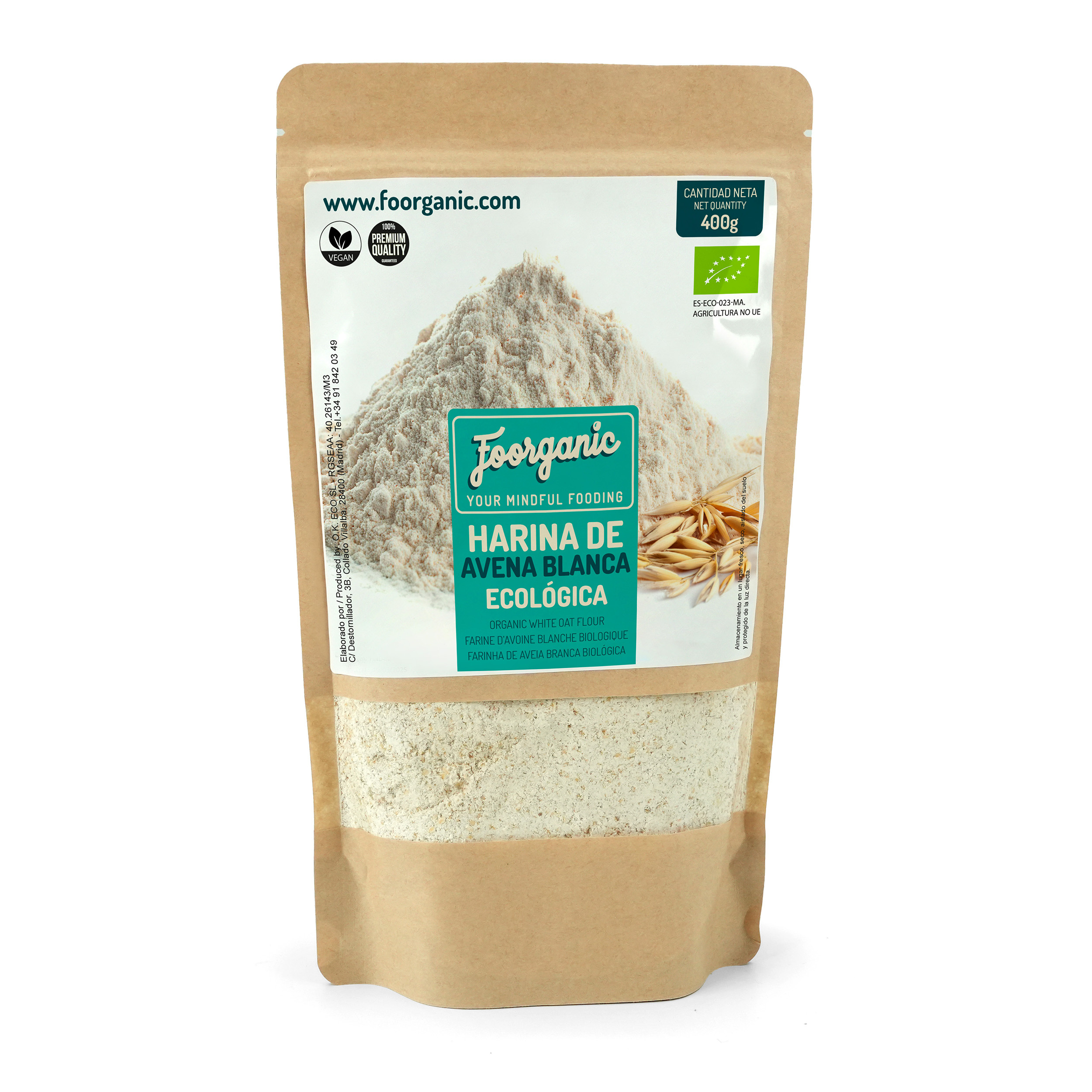 Harina de Avena Foorganic Pack 500g Natural y Ecológica | Producido en España | Vegano |Ideal para Repostería Saludable y Dietas Veganas